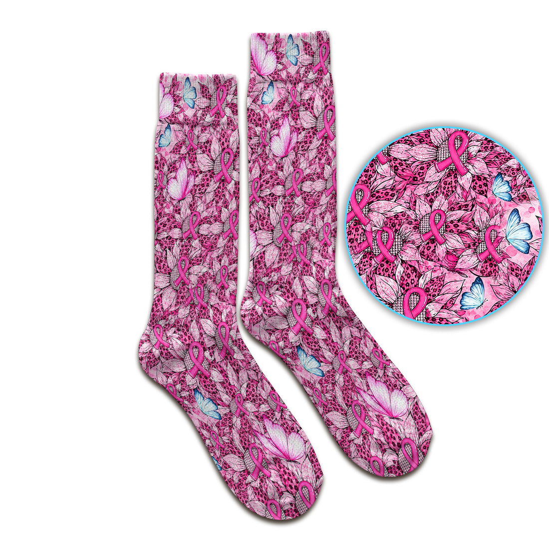 Pink Ribbon Butterfly Nurse Socks, Adult Socks for Men and Women