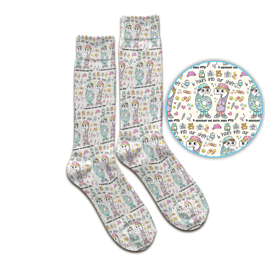Cartoon Characters Six Hours Into Shift With Medical Doodle Socks, Breathable Fabrics Medical Uniform