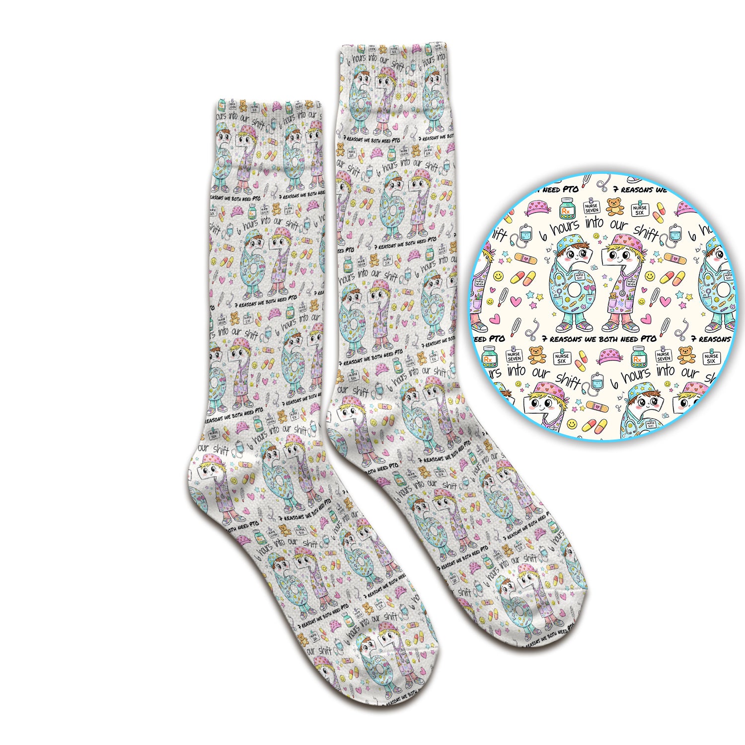 Cartoon Characters Six Hours Into Shift With Medical Doodle Socks, Breathable Fabrics Medical Uniform