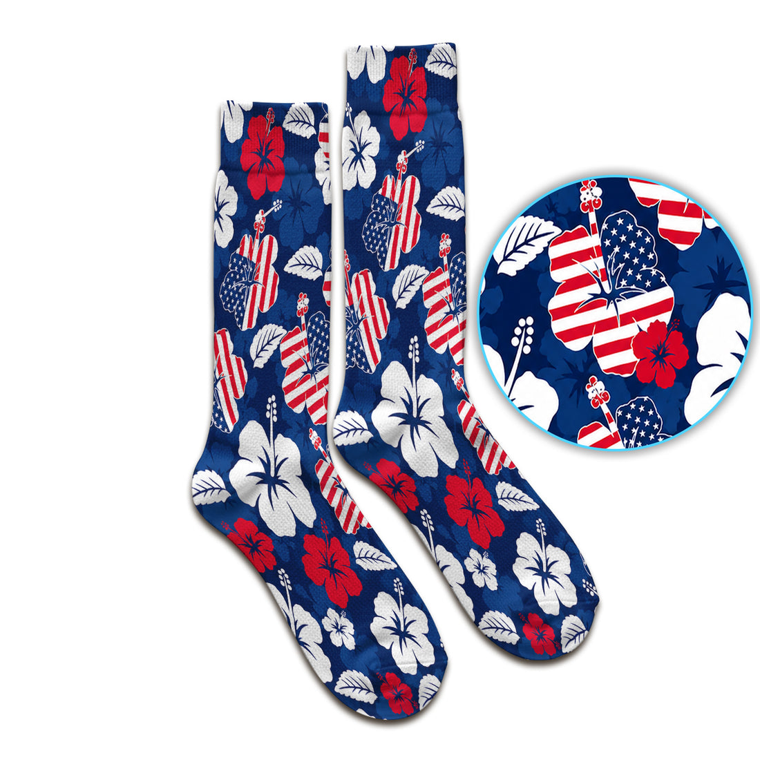 Patriotic Hibiscus Flag Floral Print Socks, Adult Socks for Men and Women