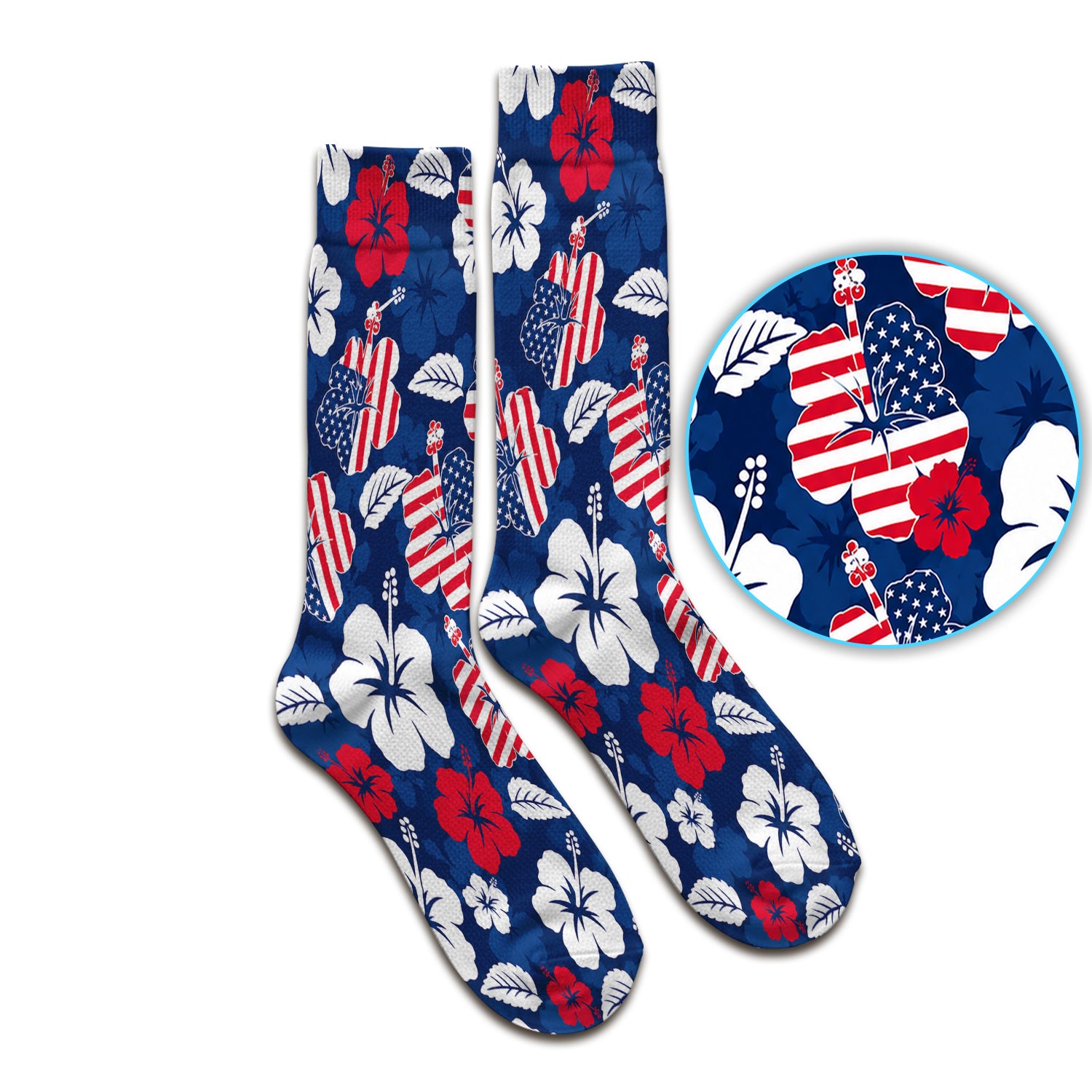 Patriotic Hibiscus Flag Floral Print Socks, Adult Socks for Men and Women