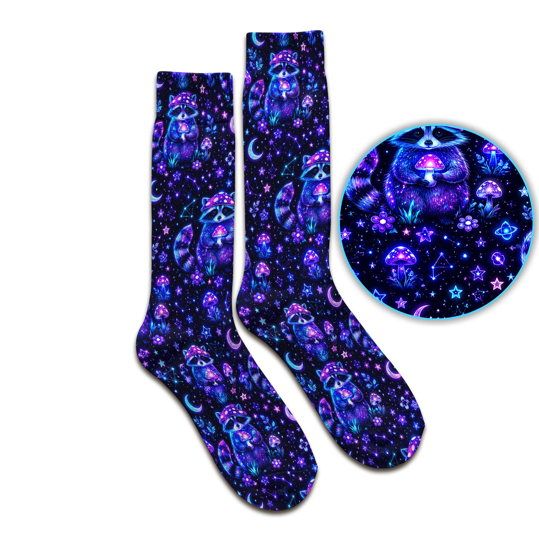 Neon Mushroom Raccoon Nurse Pattern Socks, Adult Socks for Men and Women