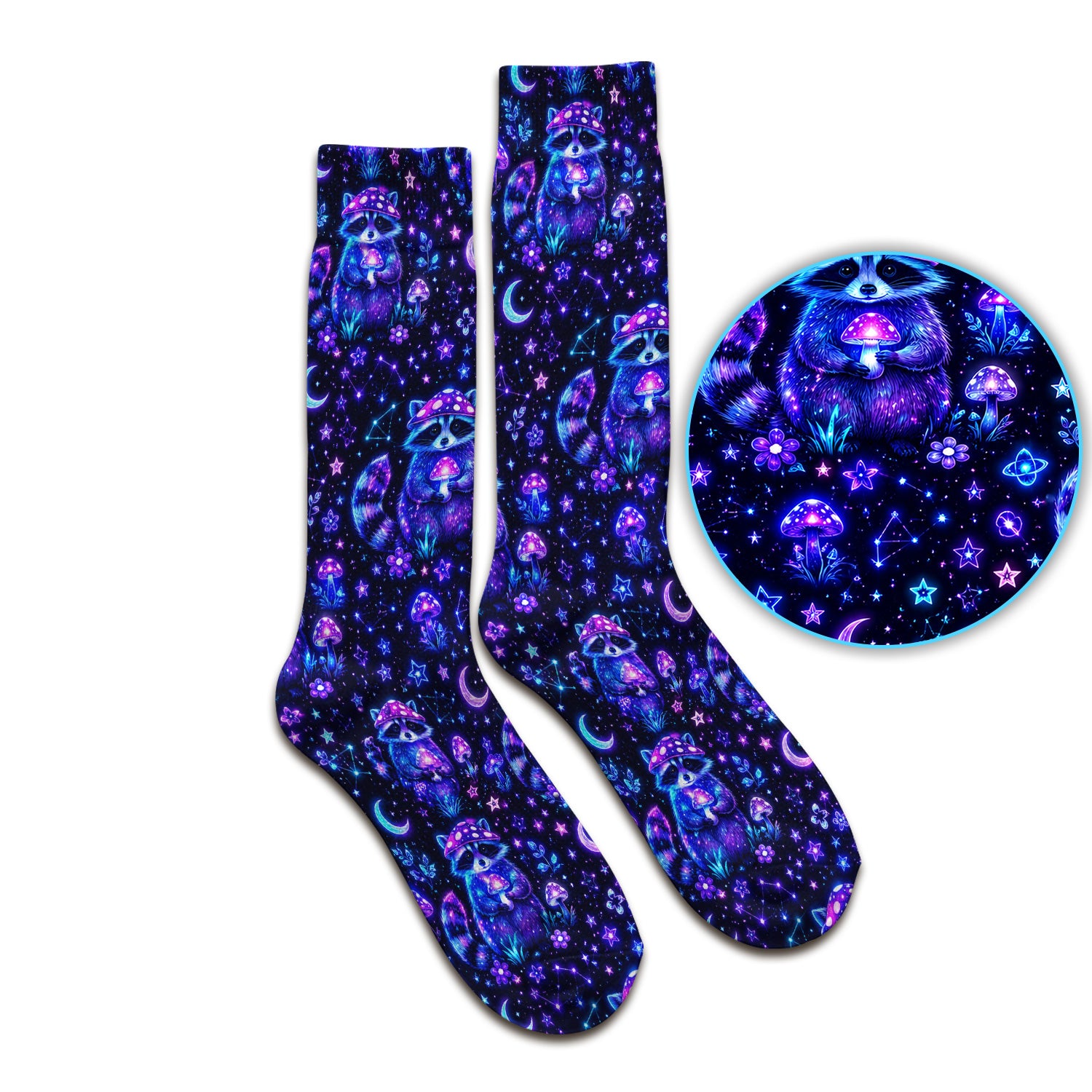 Neon Mushroom Raccoon Nurse Pattern Socks, Adult Socks for Men and Women
