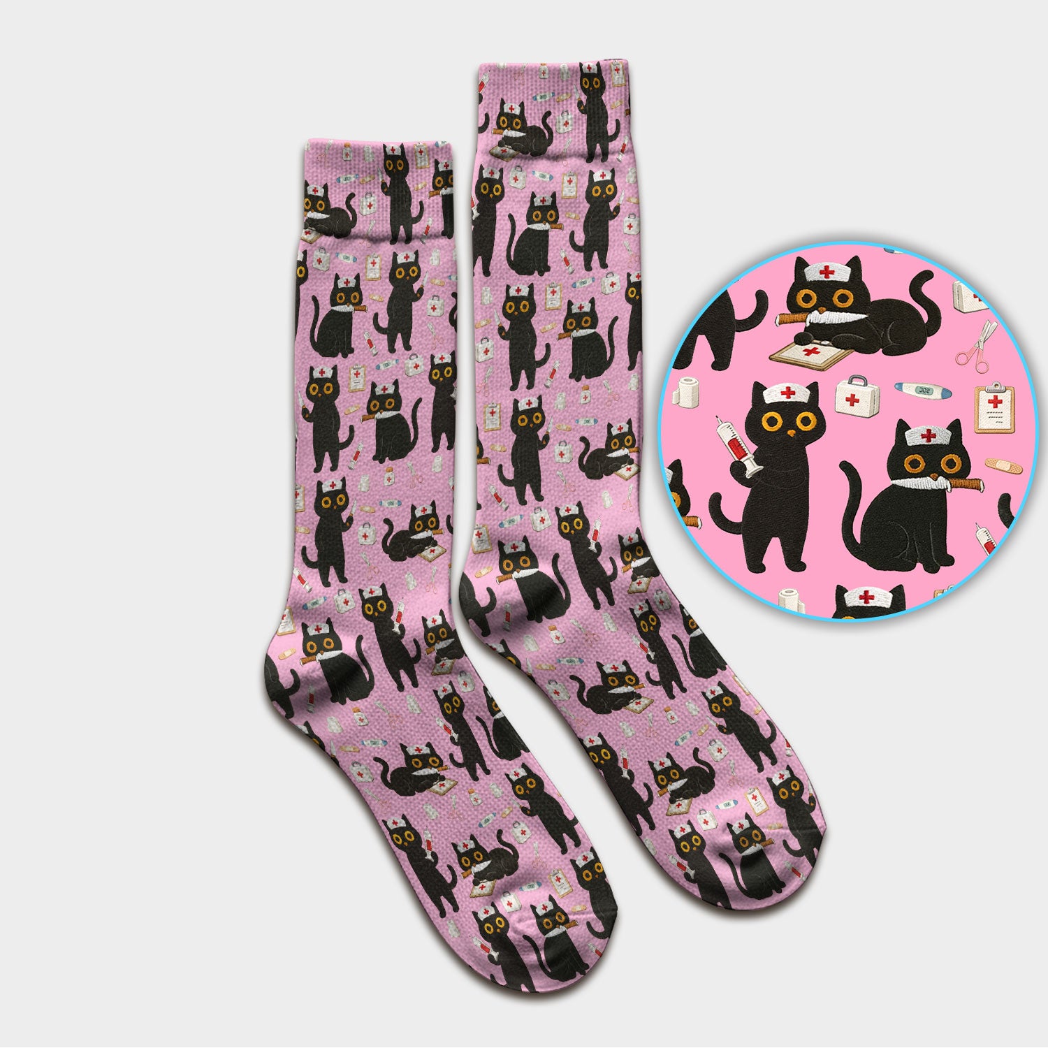 Cute Black Cat Nurse Pattern Medical Socks, Breathable Fabrics Medical Uniform