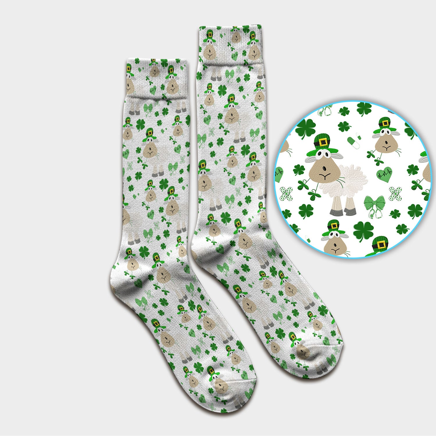 Nurse St. Patrick Scrubs Socks, Cute Sheep Shamrock Pattern Nurse Sock, Breathable Fabrics Nursing Uniform