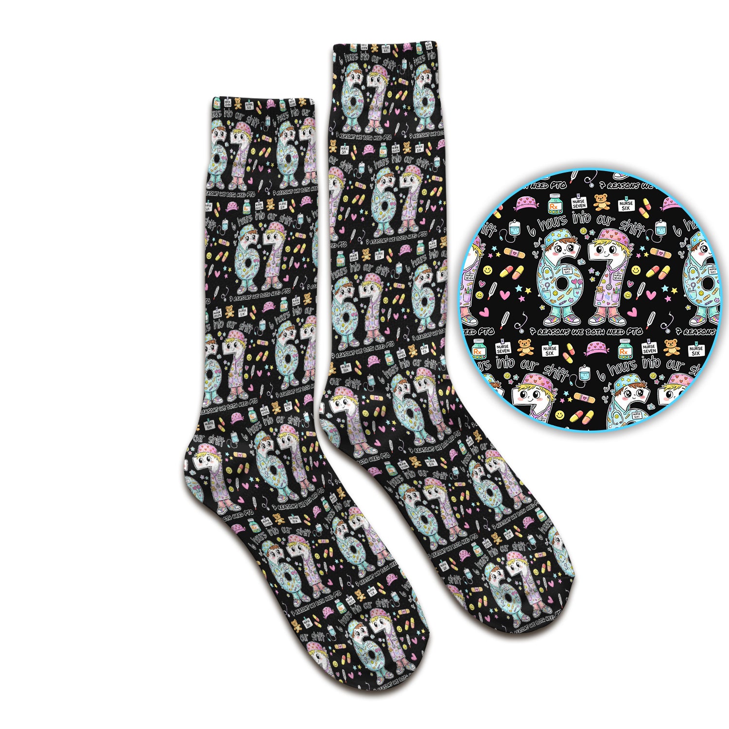 Cartoon Characters Six Hours Into Shift With Medical Doodle Socks, Breathable Fabrics Medical Uniform