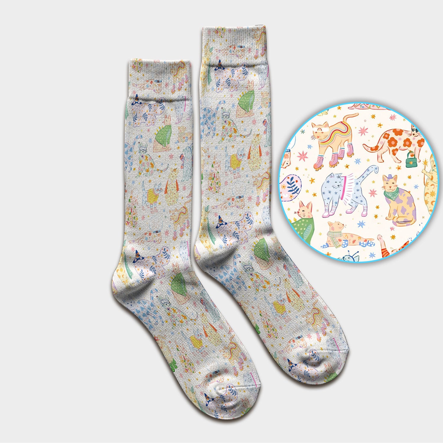Colorful Pastel Cartoon Cats Print Socks, Breathable Fabrics Medical Uniform