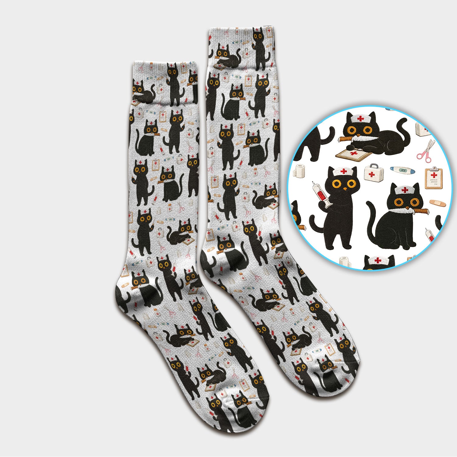 Cute Black Cat Nurse Pattern Medical Socks, Breathable Fabrics Medical Uniform
