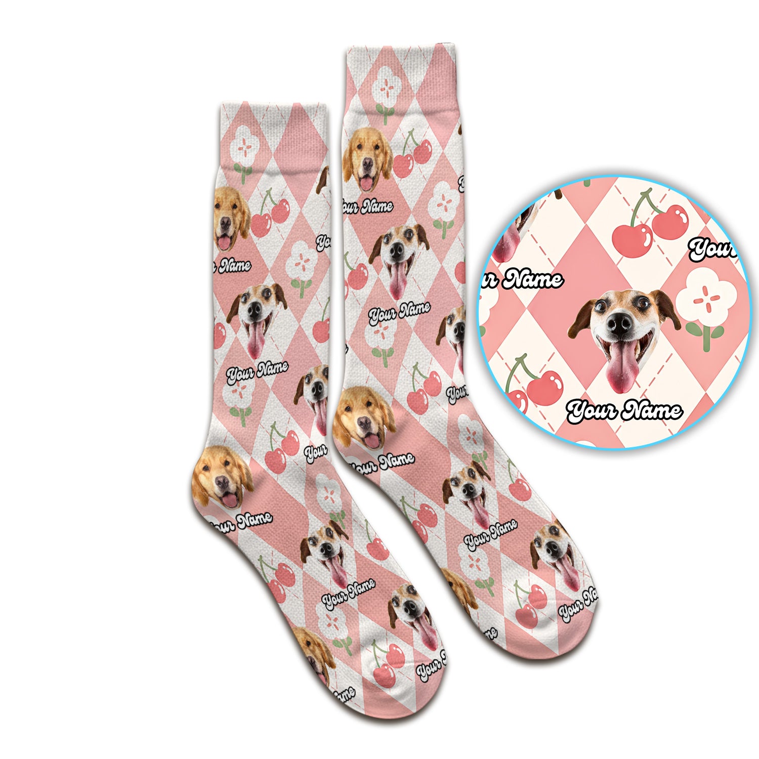 Custom Dog Face Sock, Playful Dog Cherry Argyle Pattern, Breathable Fabrics Medical Uniform