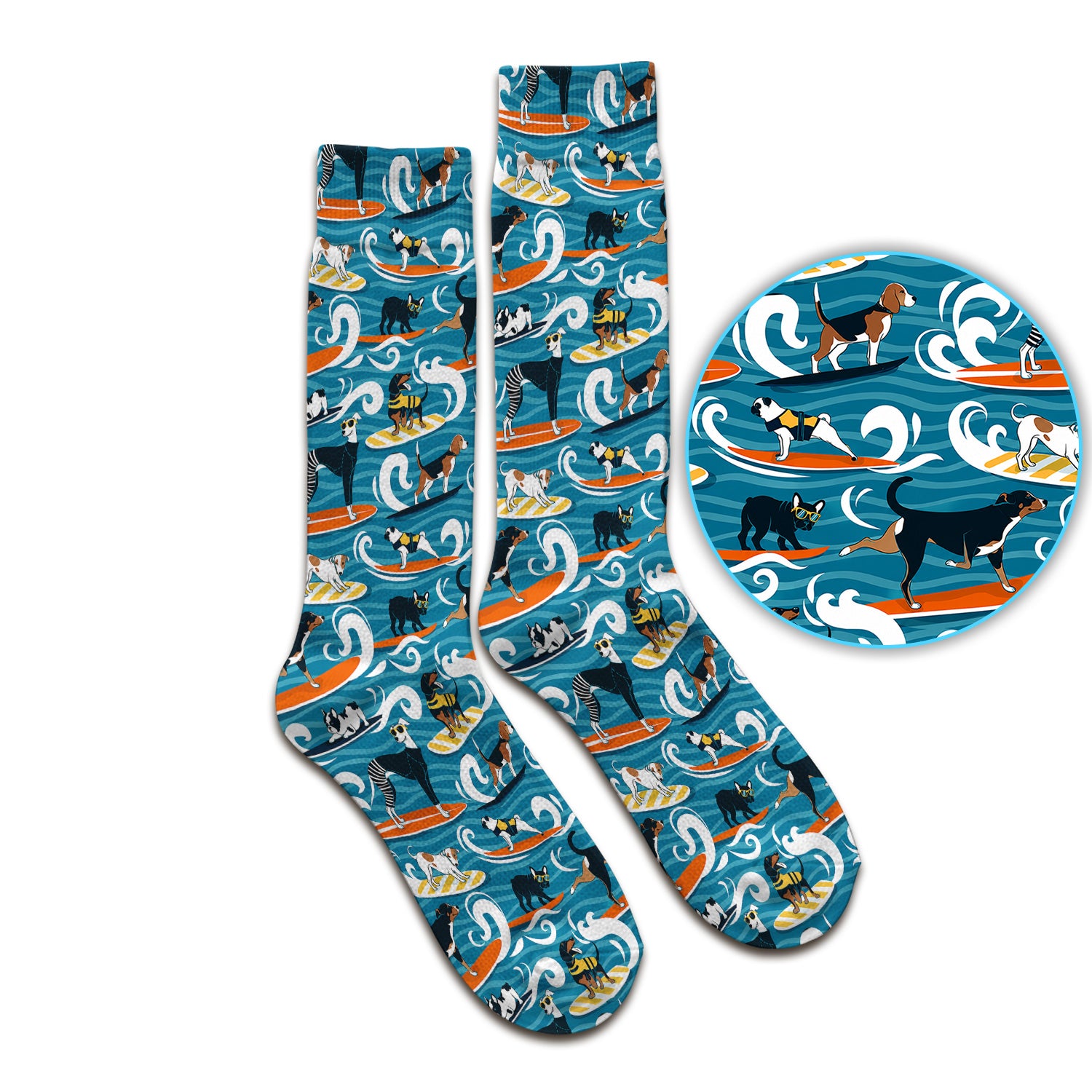 Surfing Dogs Ocean Wave Print Socks, Adult Socks for Men and Women