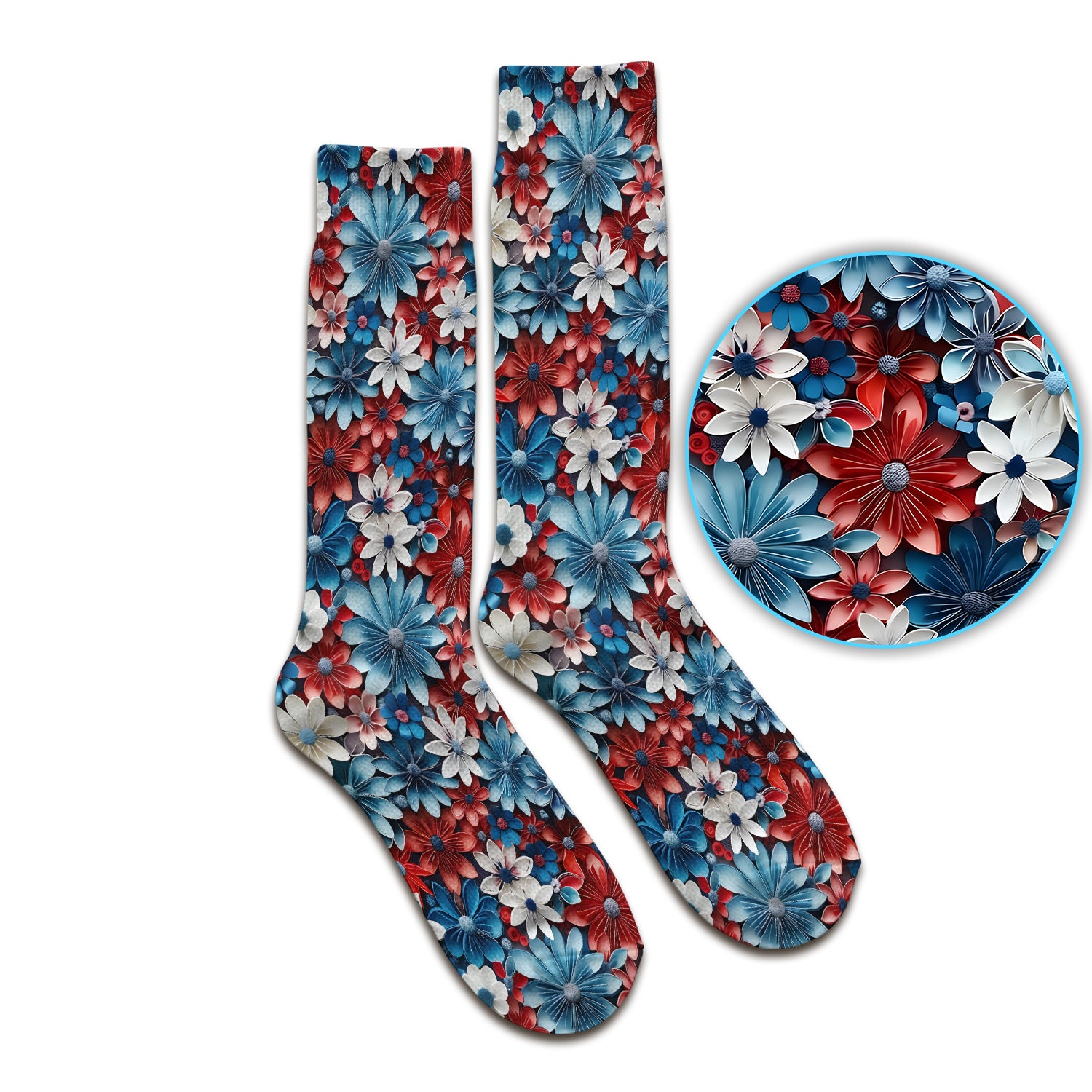 Patriotic 3D Floral Nurse for RN & CNA, Red Blue White Healthcare Workers Uniform Socks, Adult Socks for Men and Women