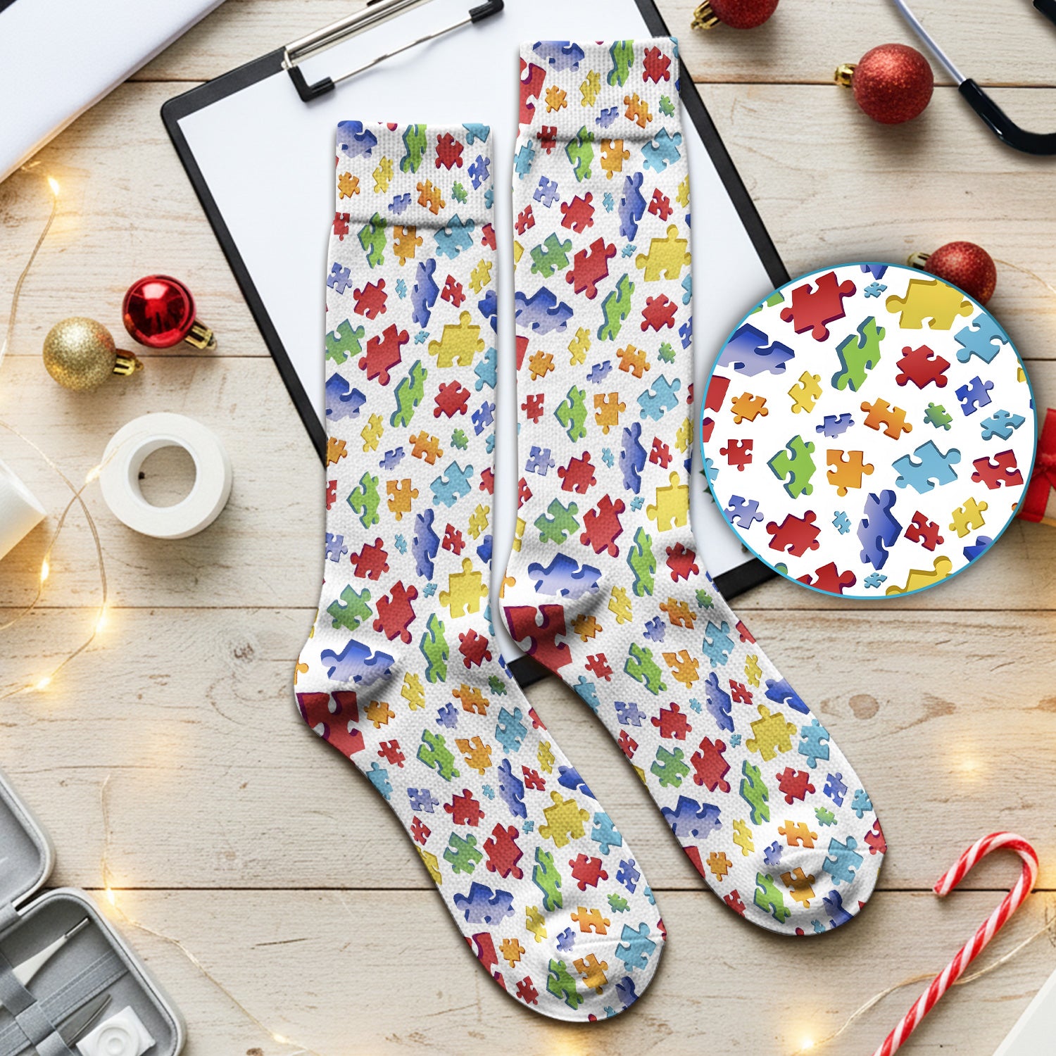 Colorful Scattered Puzzle Piece Pattern Socks, Adult Socks for Men and Women