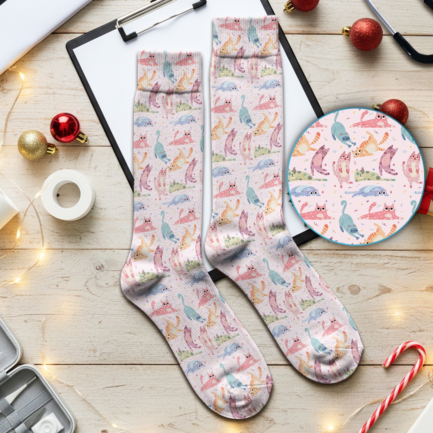 Funny Pastel Cat Pattern Medical Scrub Socks, Breathable Fabrics Nursing Uniform