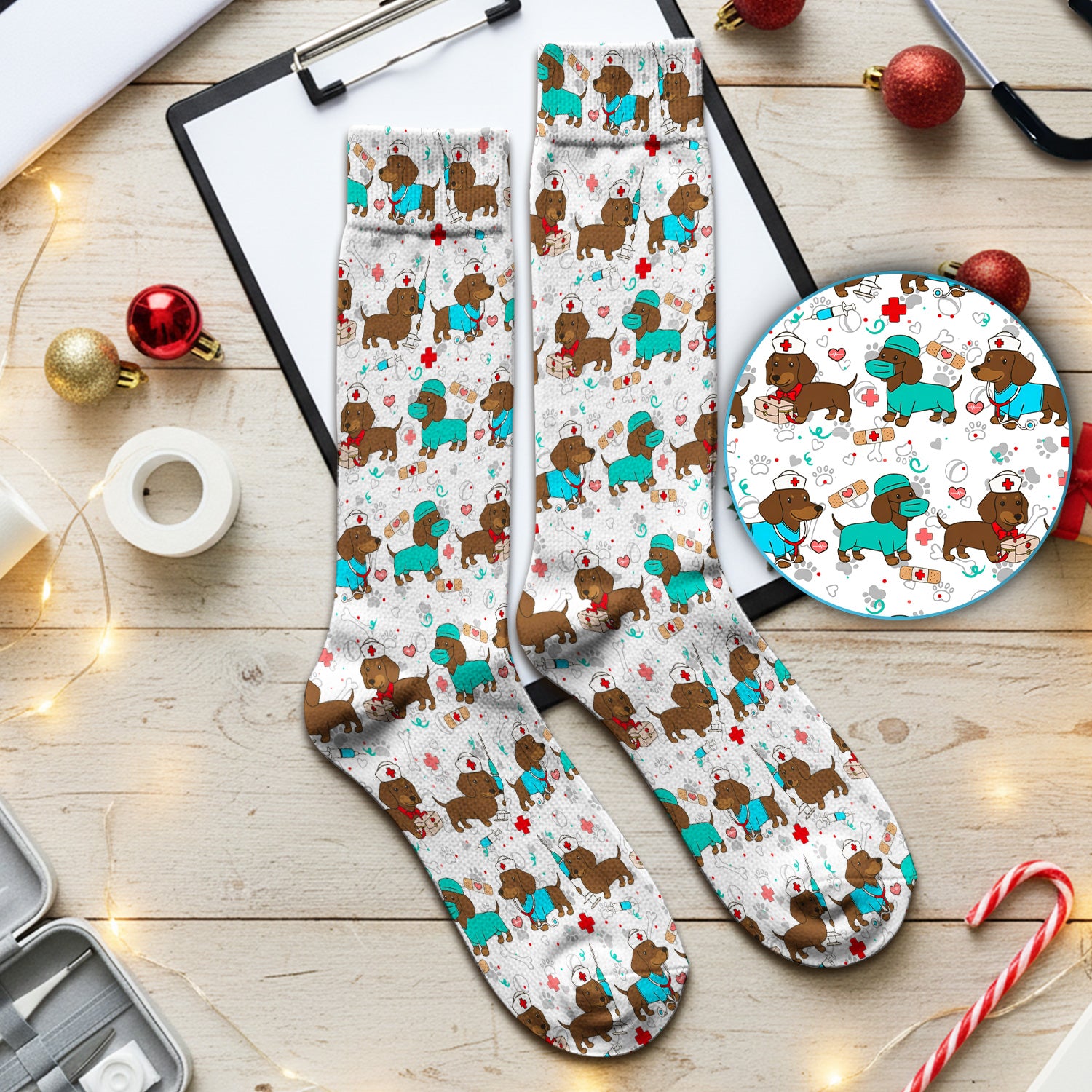 Cute Wiener Dog Dachshund Nurse Scrub Socks, Funny Dachshund Dog Scrubs Sock, Breathable Fabrics Nursing Uniform
