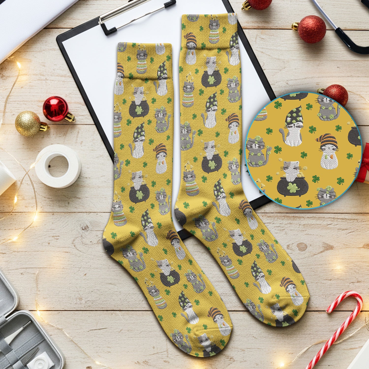 St. Patrick’s Day Scrub Socks, Lucky Cat With Shamrock Pattern Sock, Breathable Fabrics Nursing Uniform