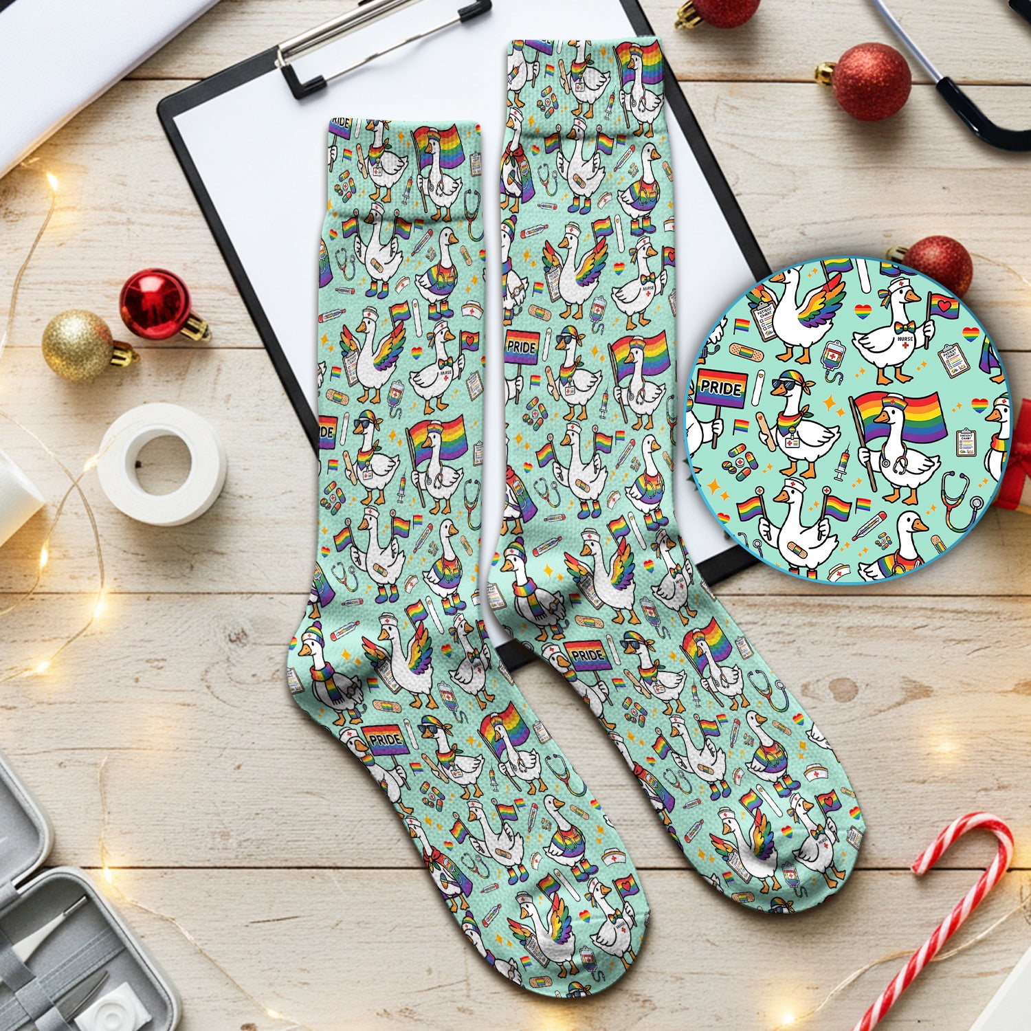 LGBT Pride Nurse Duck Pattern Socks, Breathable Fabrics Medical Uniform