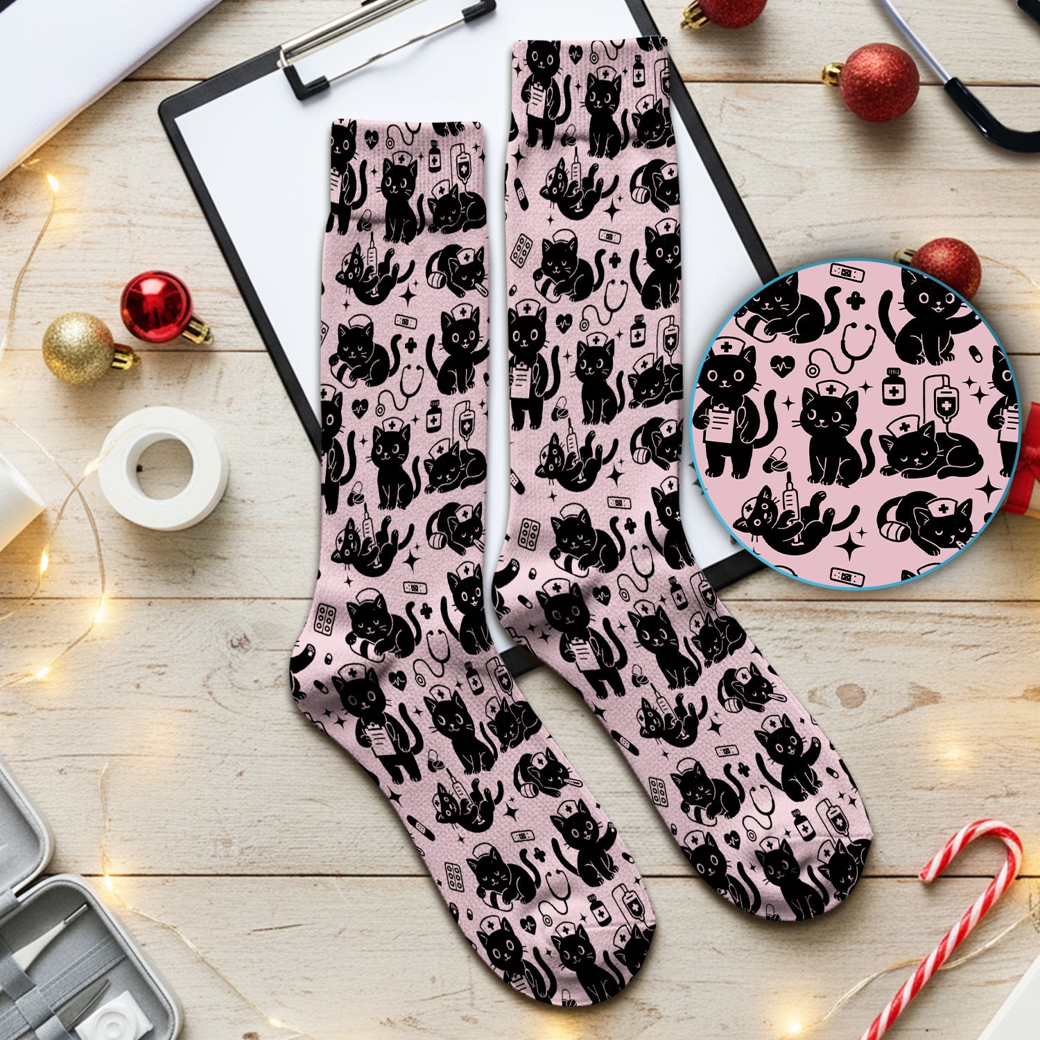 Cute Black Cat Nurse Pattern Socks, Adult Socks for Men and Women