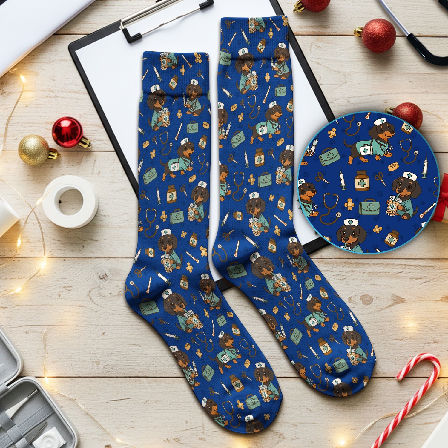 Funny Dachshund Nurse Scrubs Socks - Cute Dog Print Medical Sock - Holiday Nurse Scrub Gift for RN CNA Doctor