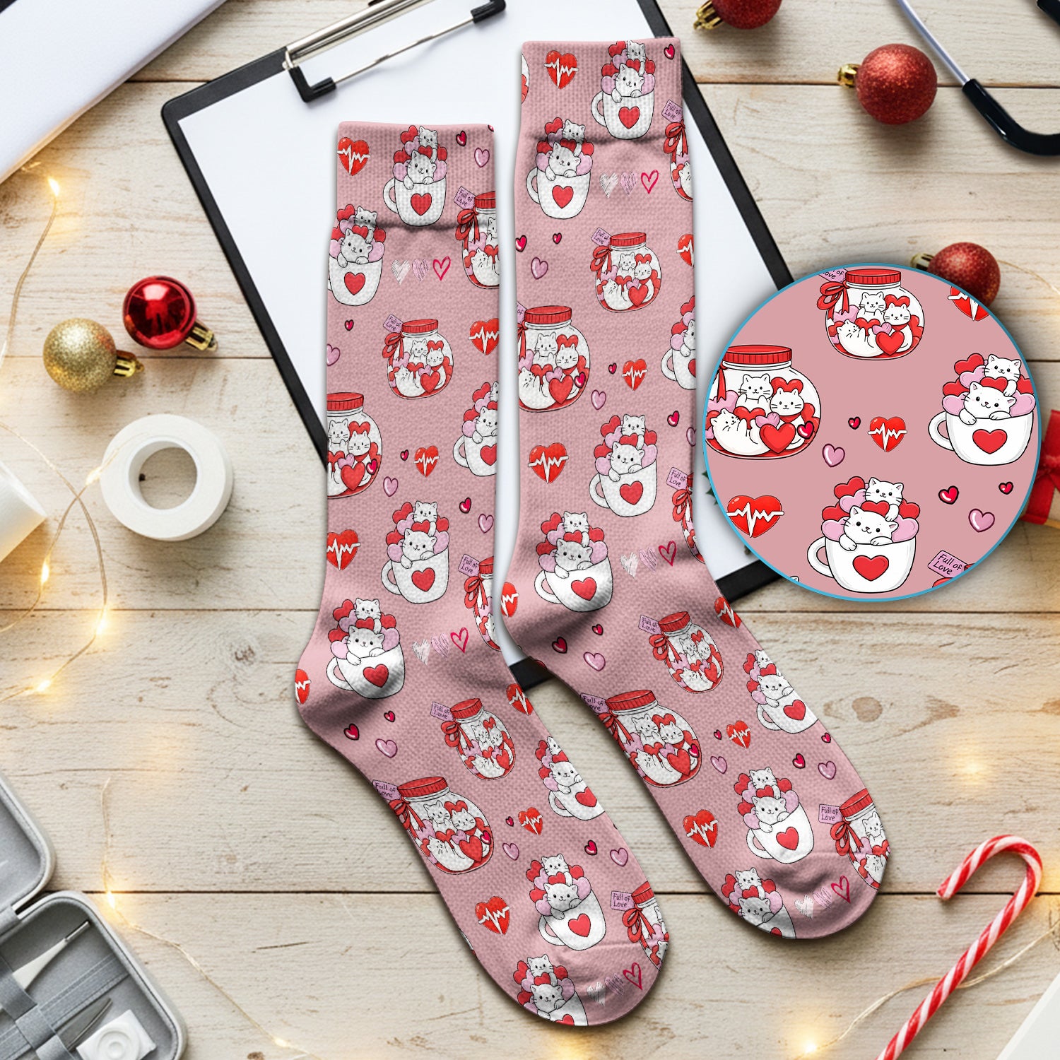 Cute Cat Valentine Nurse Socks, Socks for Nurse Doctor Breathable Fabric