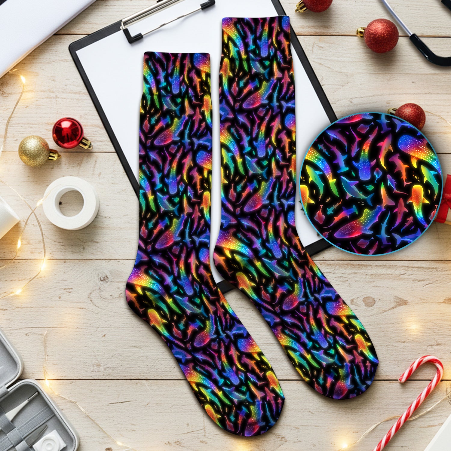 Vibrant Rainbow Shark Pattern Socks, Socks for Nurse Doctor