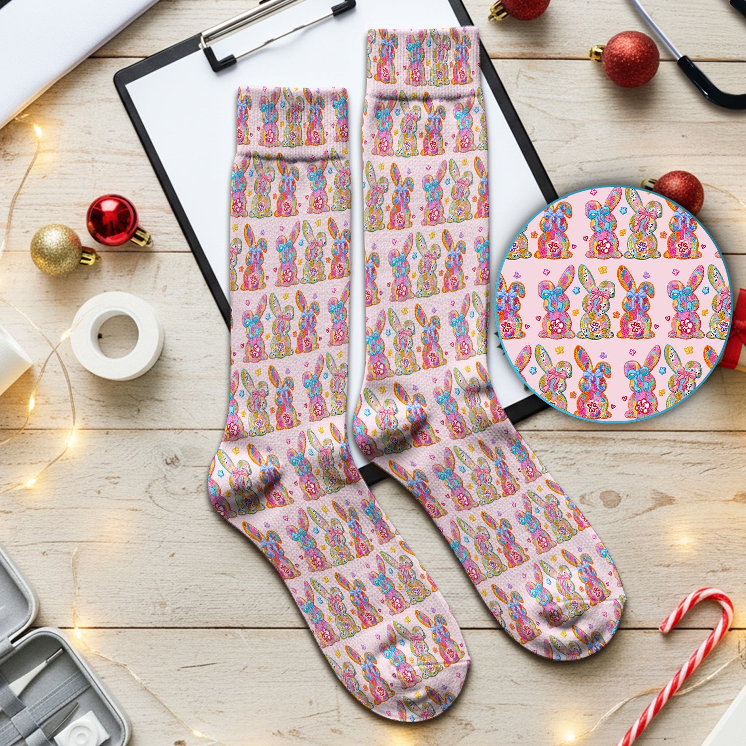 Cute Pastel Bunny Floral Patternt Socks, Breathable Fabrics Medical Uniform