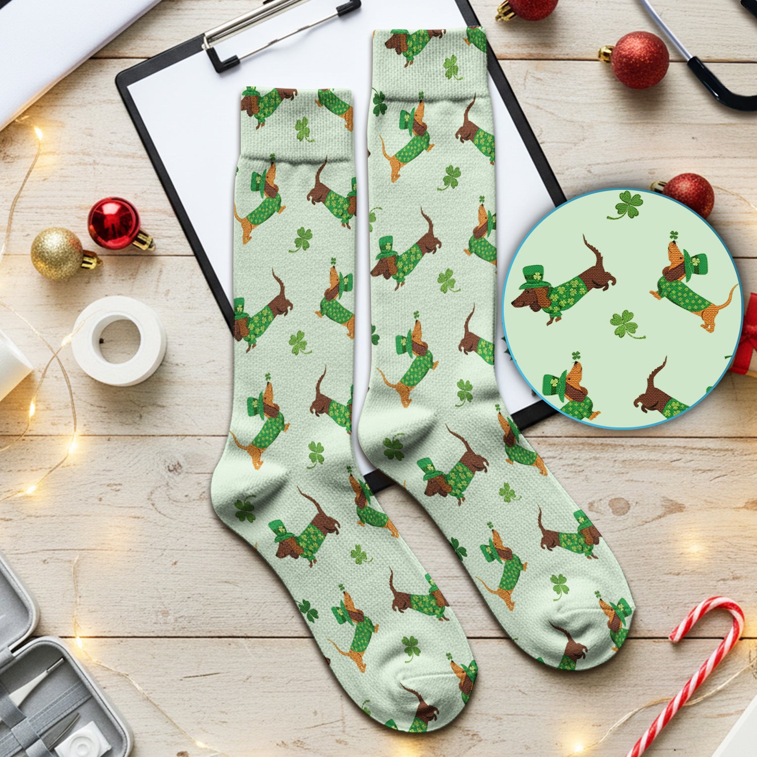 St. Patrick’s Day Dachshund Scrub Socks, Funny Wiener Dog Nurse Sock, Breathable Fabrics Nursing Uniform