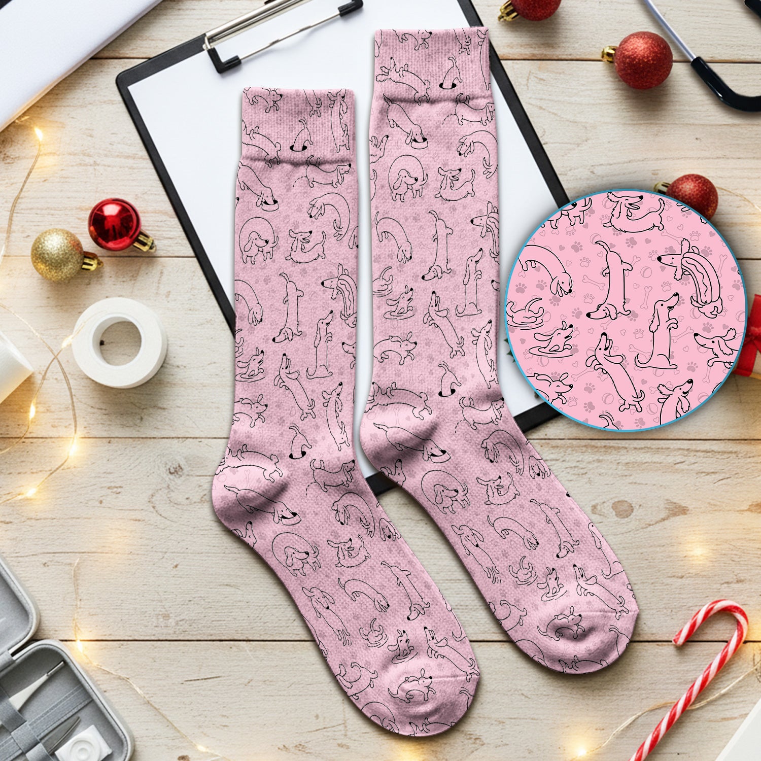 Playful Dachshund Dog Line Art Print Medical Socks, Socks for Nurse Doctor