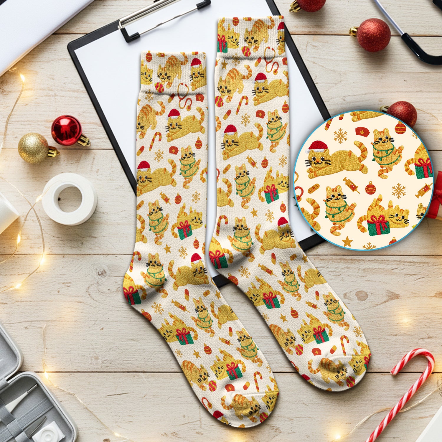 Christmas Cat Nurse Scrub Socks, Cute Holiday Kitty Medical Uniform For Nursing