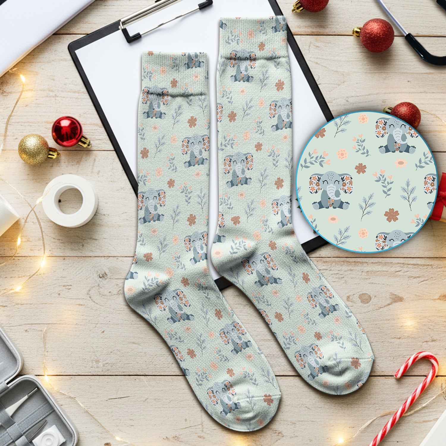 Cute Elephant Floral Medical Socks, Breathable Fabrics Medical Uniform