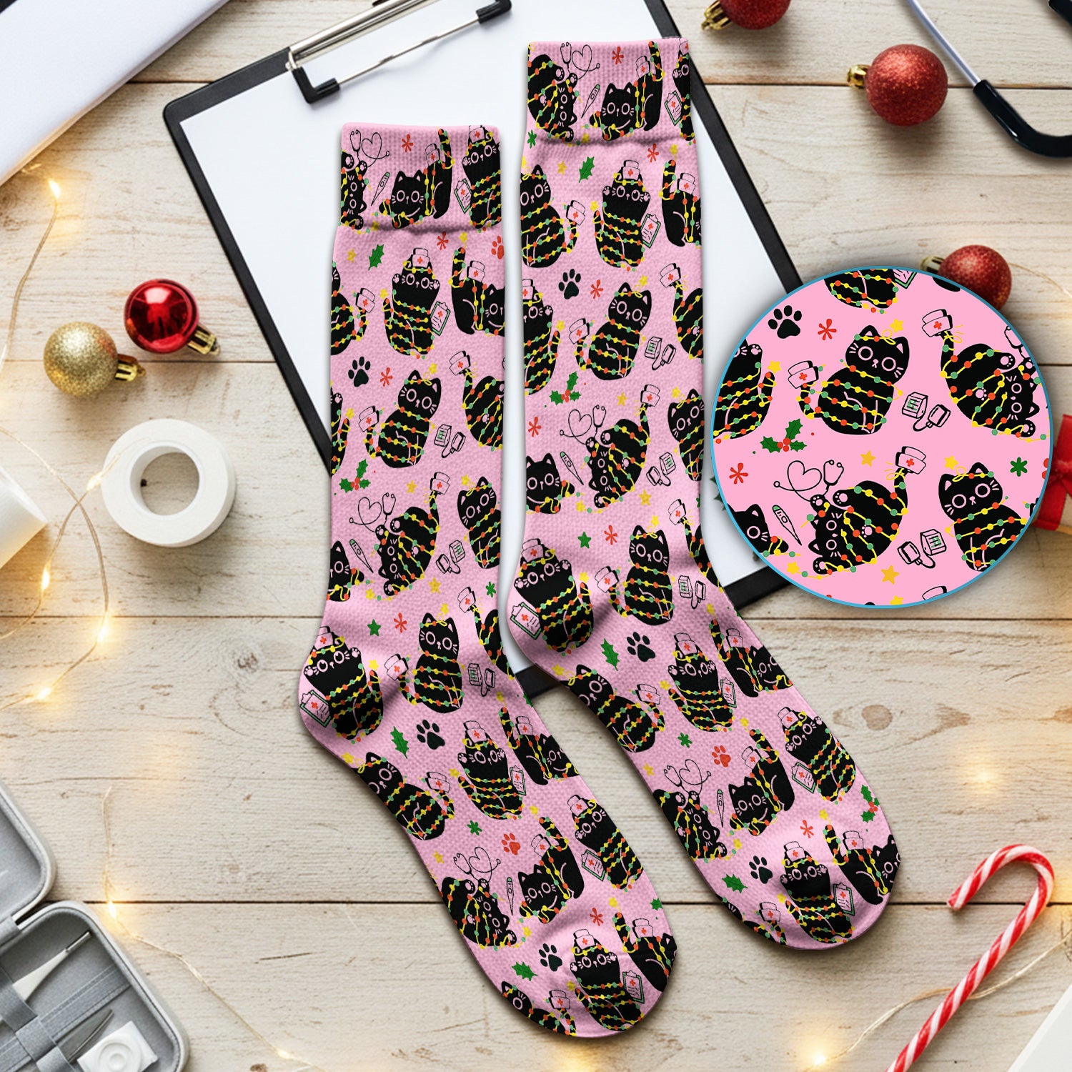 Black Cat Christmas Scrub Socks – Nurse & Holiday Lights Pattern Sock – Cute Medical Uniform For Nursing