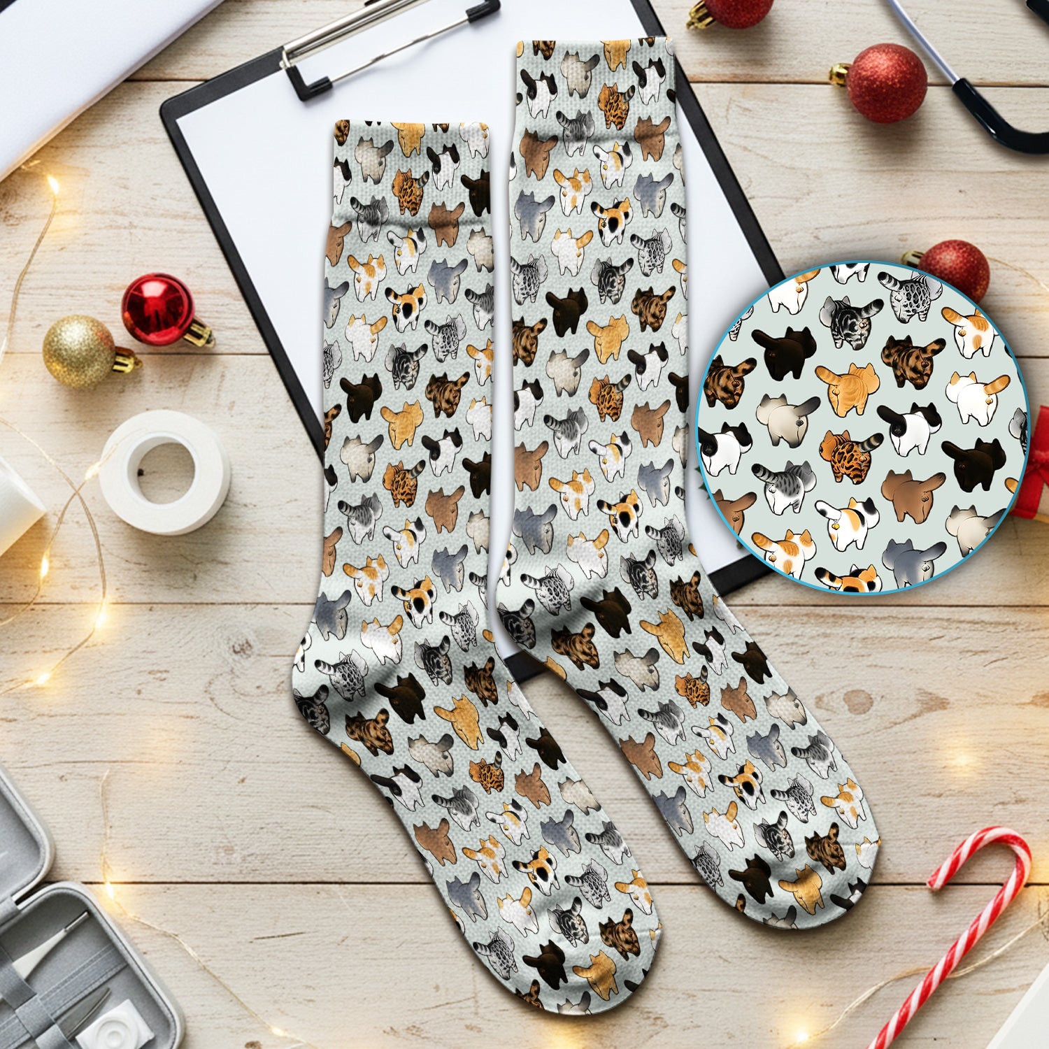 Cat Butt Pattern Medical Scrub Socks, Breathable Fabrics Nursing Uniform