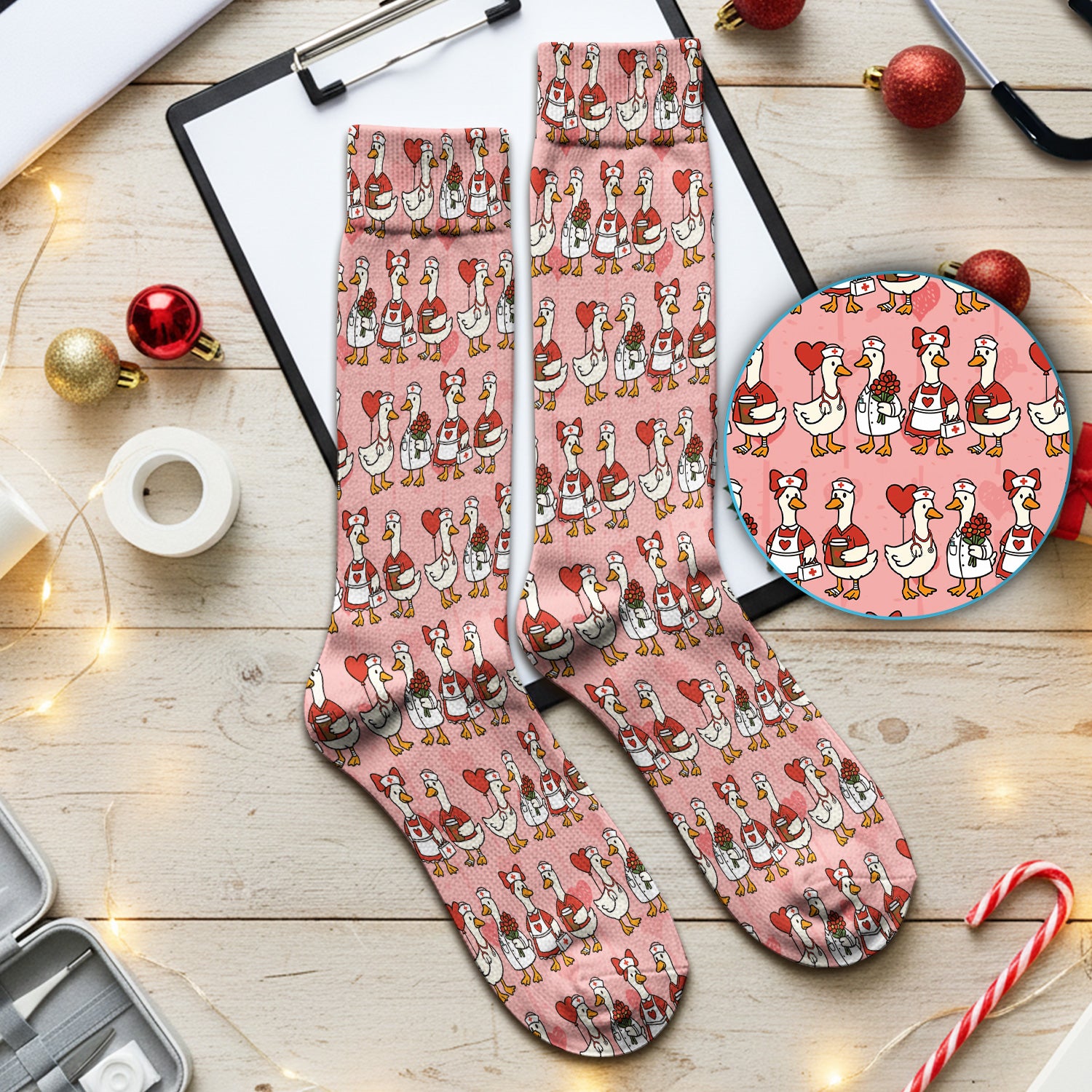 Valentine Nurse Goose with Heart Pattern Socks, Adult Socks for Men and Women