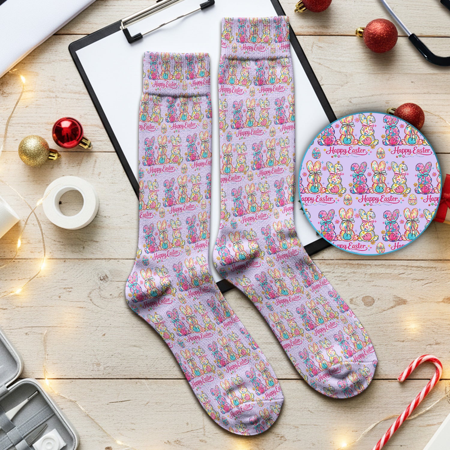 Pink Happy Easter Bunny Pattern Socks, Breathable Fabrics Medical Uniform