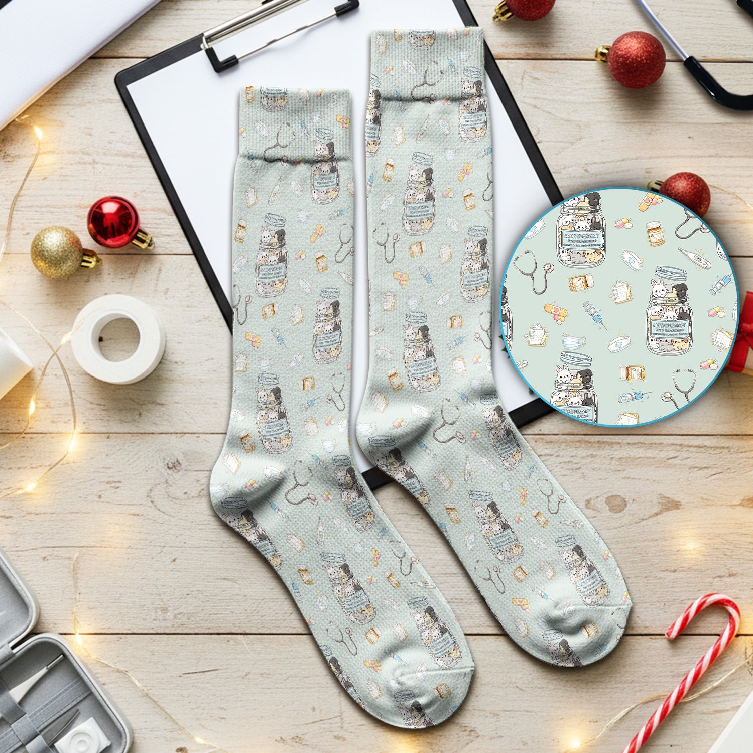 Whimsical Antidepressant Rabbit Jar Design Medical Socks, Breathable Fabric Medical Uniform