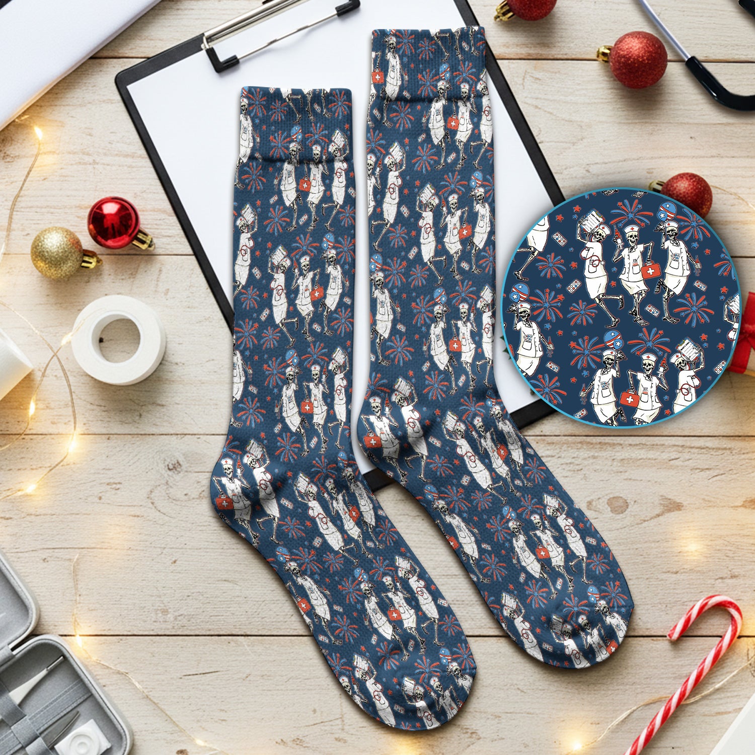 Funny Skeleton Nurse Patriotic Print Socks, Breathable Fabrics Medical Uniform