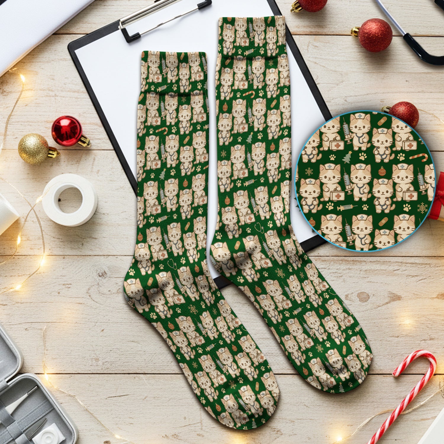 Cute Cat Nurse Christmas Scrub Socks, Kawaii Kitty Medical Pattern Sock, Breathable Fabrics Nursing Uniform