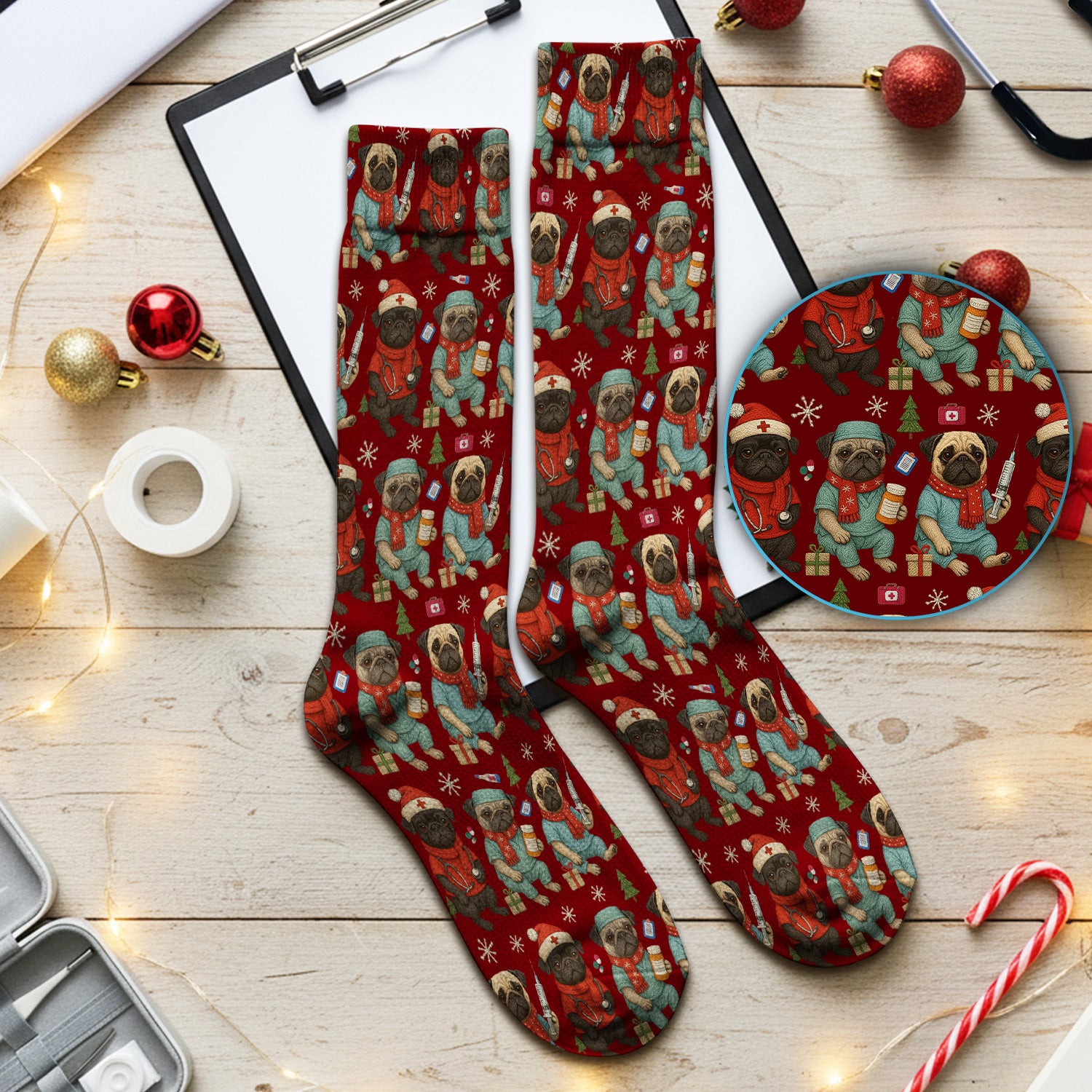 Christmas Pug Nurse Scrub Socks, Cute Holiday Dog Medical Uniform Shirt For Nursing