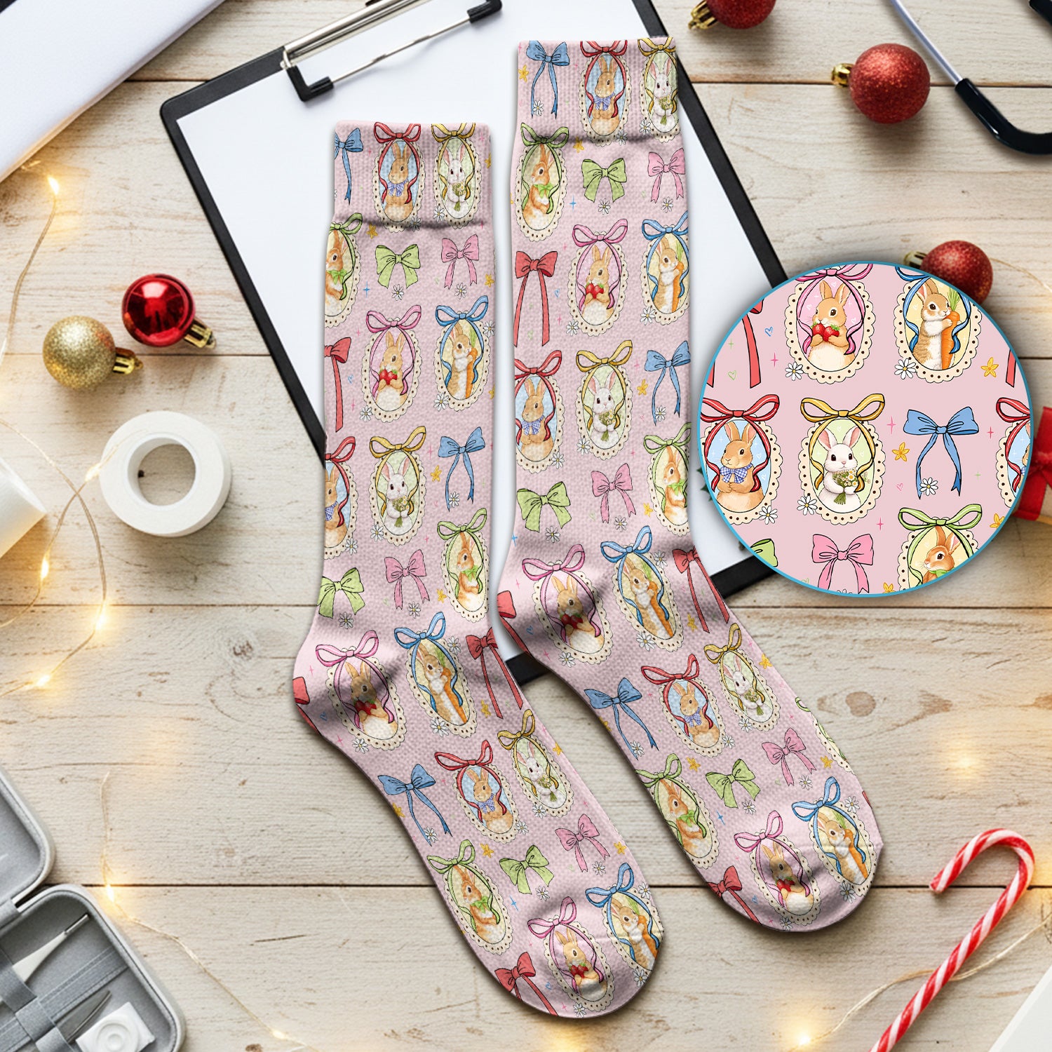 Cute Easter Bunny Cameo Colorful Bow Patternl Socks, Socks for Nurse Doctor