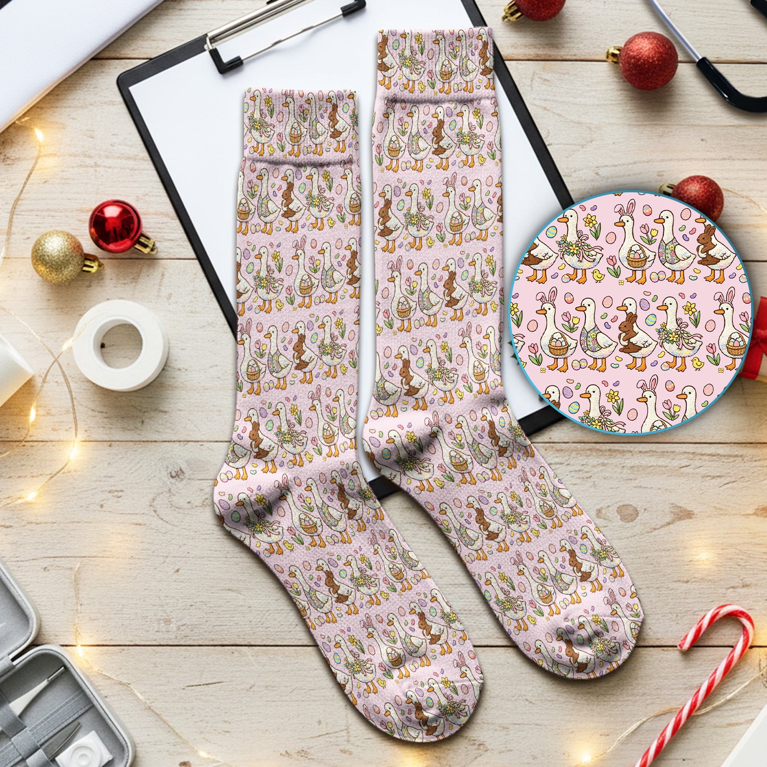 Easter Theme Duck and Bunny Egg Floral Print Socks, Breathable Fabrics Medical Uniform