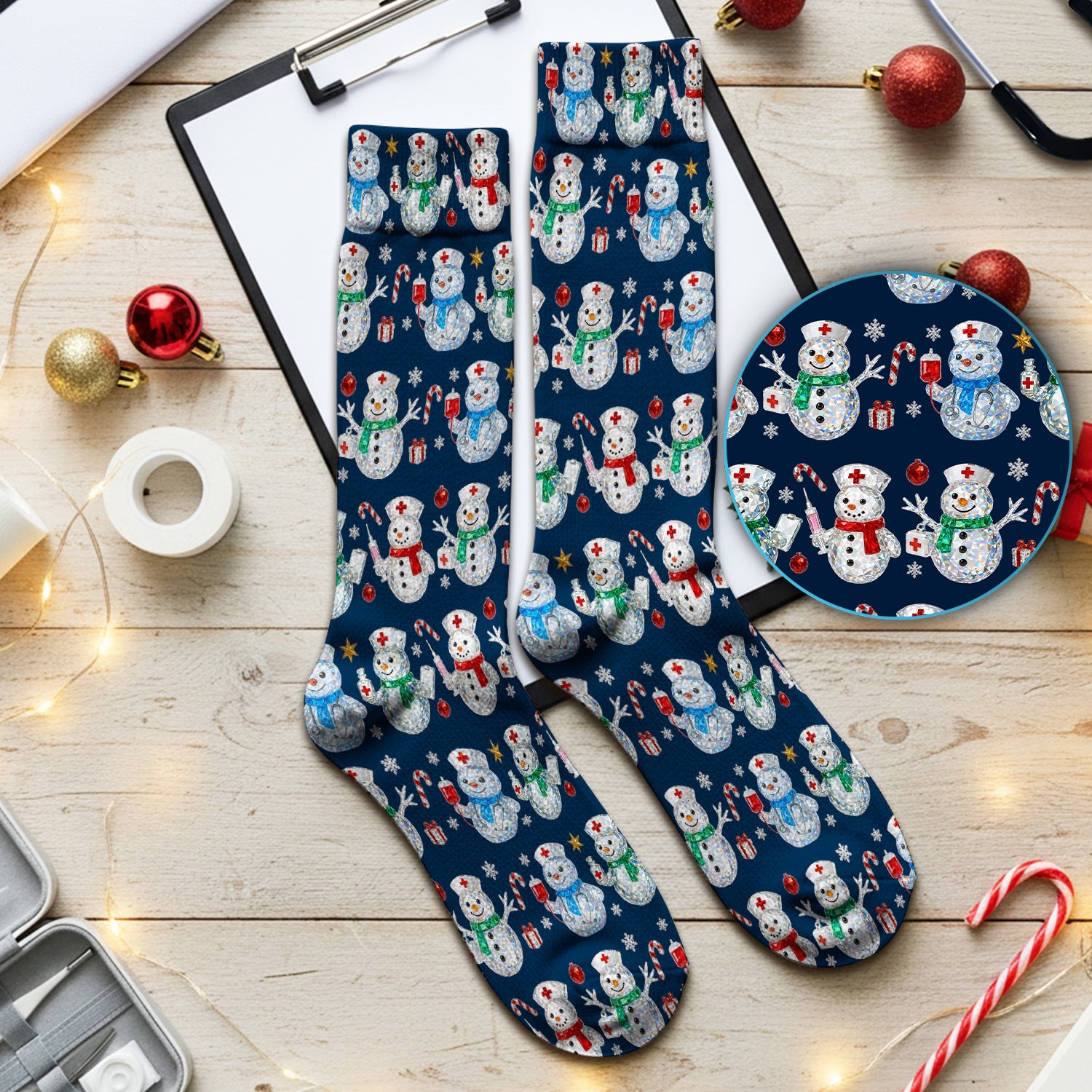 Nurse Snowman Christmas Scrub Socks, Cute Holiday Medical Pattern Sock For Women, Winter Snowflake Nursing Uniform