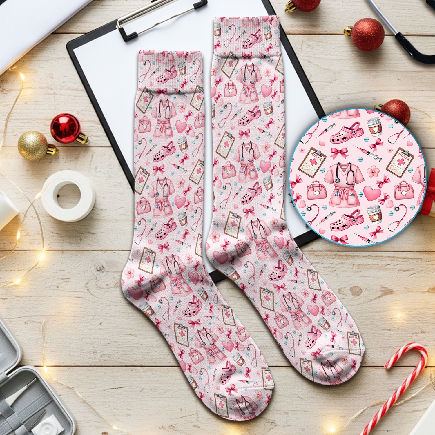 Valentine Pink Nurse Icons Print Medical Socks, Socks for Nurse Doctor