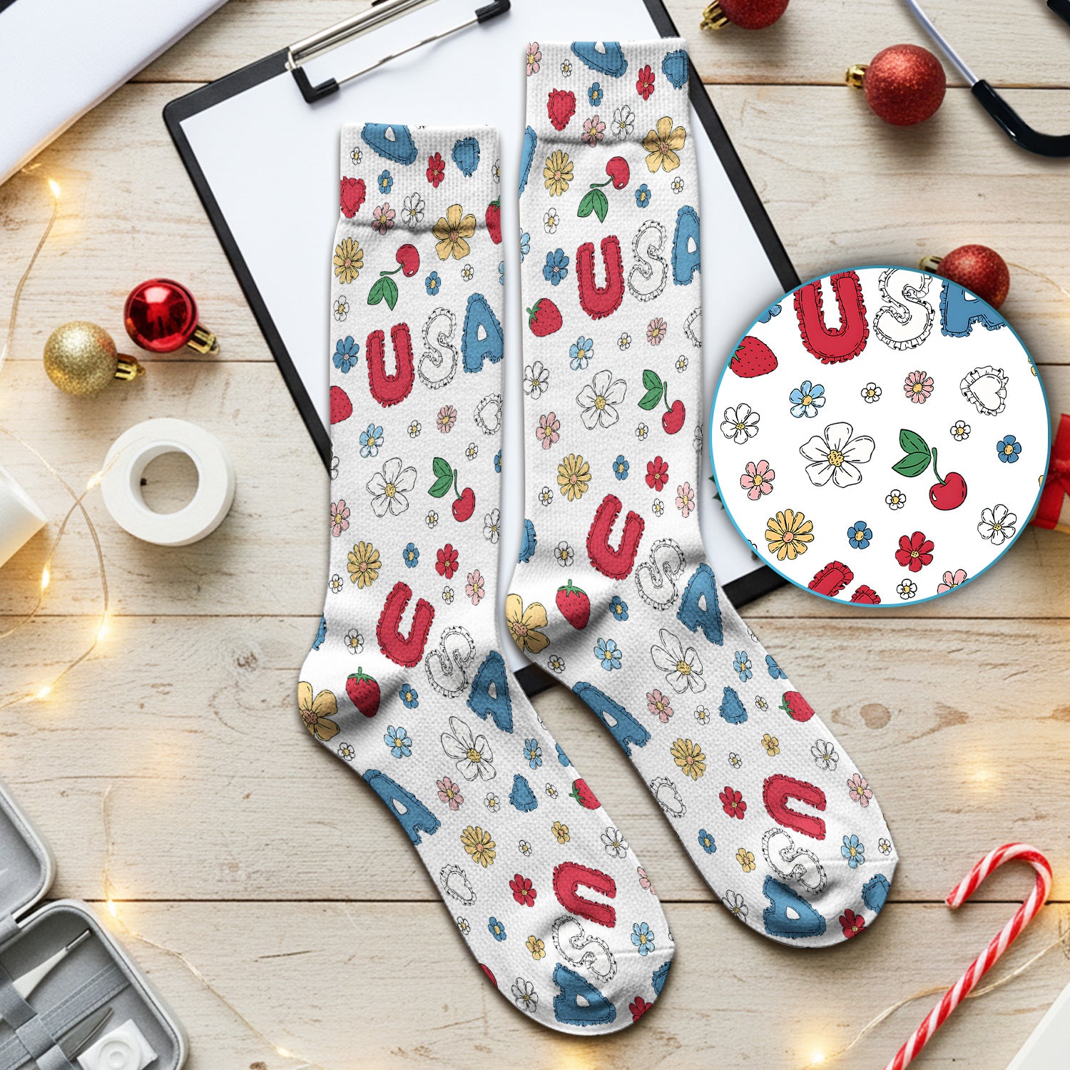 USA Cherry Strawberry Floral Patch Pattern Socks, Breathable Fabrics Medical Uniform