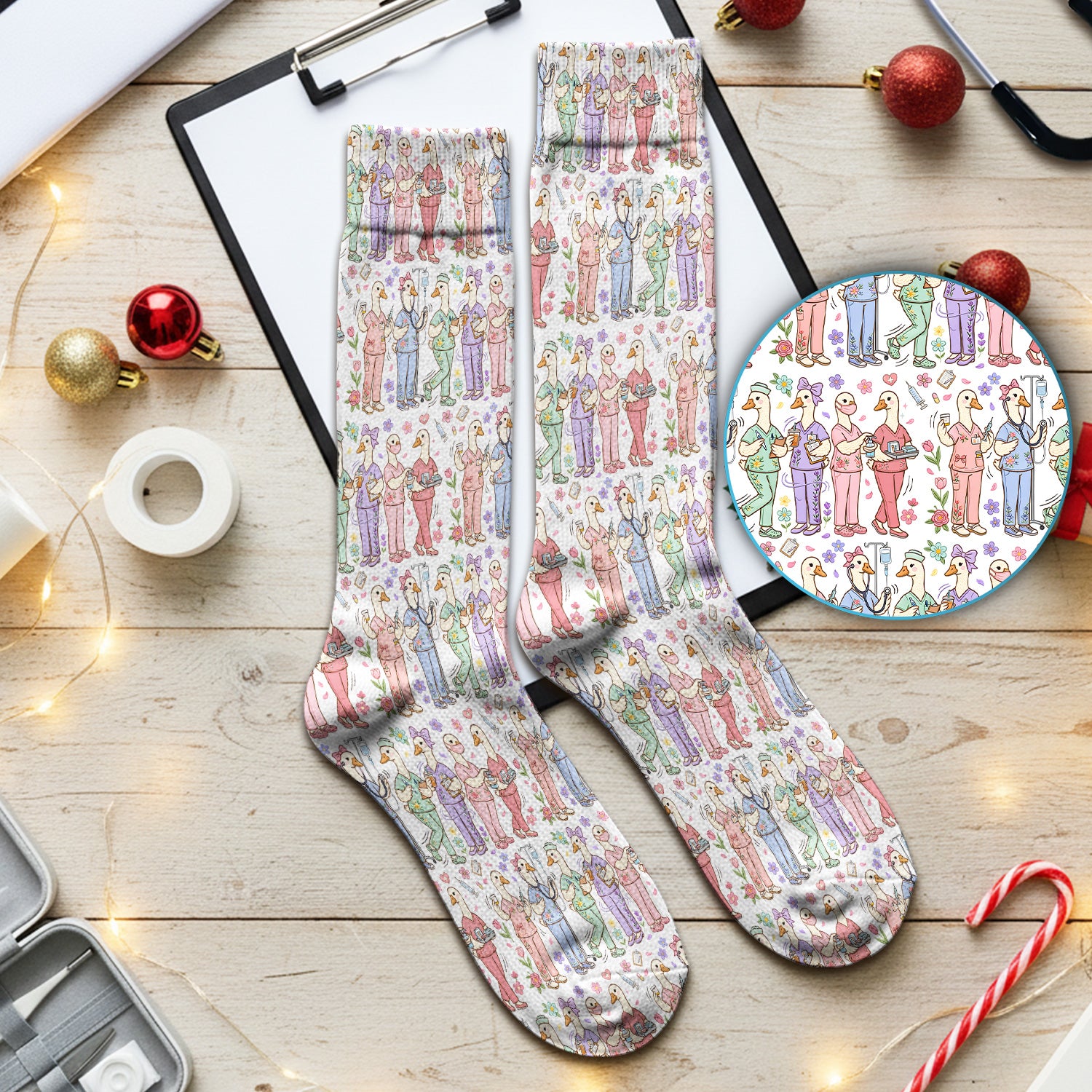 Goose Characters Floral Medical Team Uniform Pattern Socks, Breathable Fabrics Medical Uniform