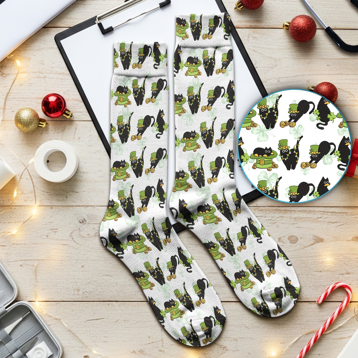 St. Patrick Black Cat Clover Print Medical Socks, Socks for Nurse Doctor