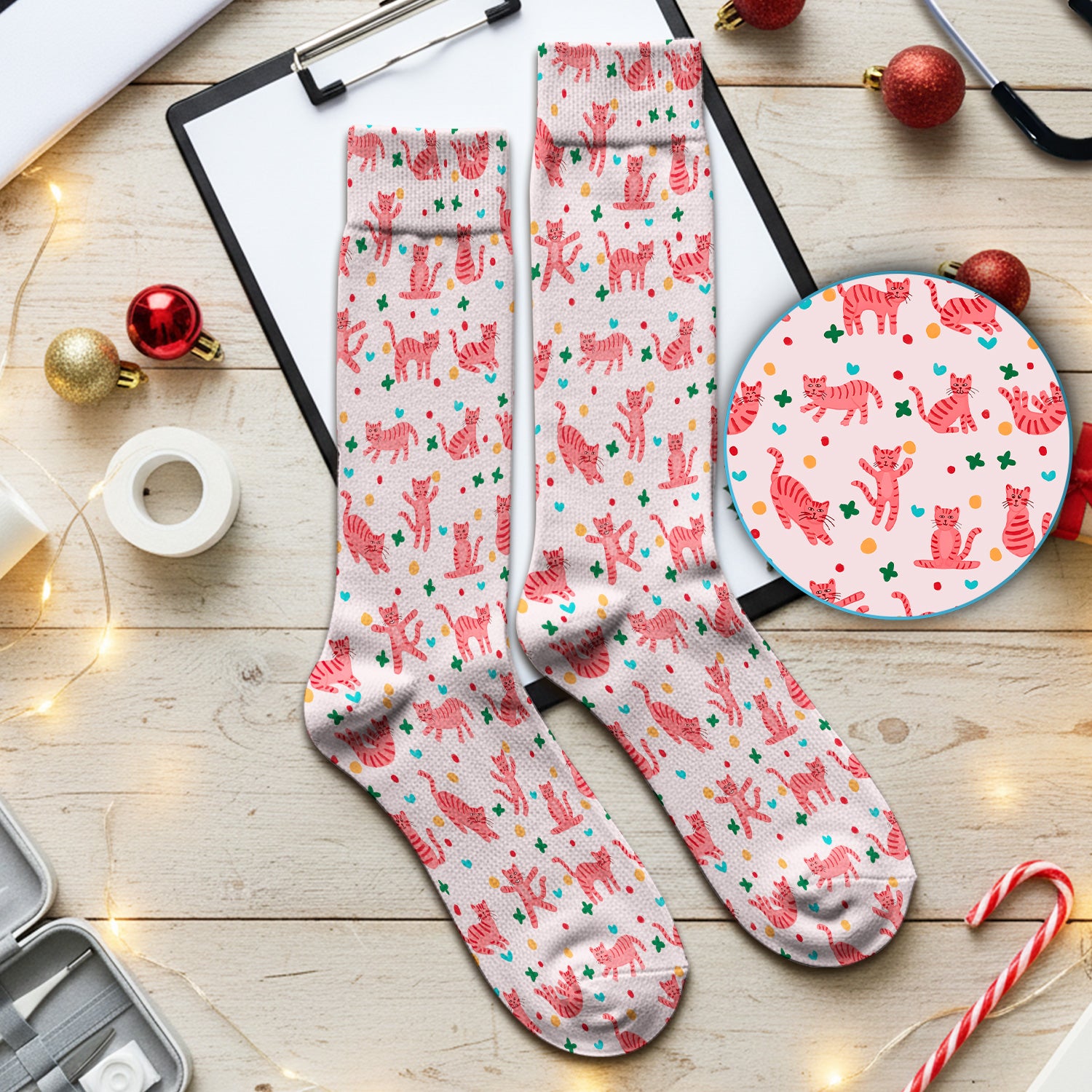 Cute Pink Cat Pattern Medical Socks, Adult Socks for Men and Women