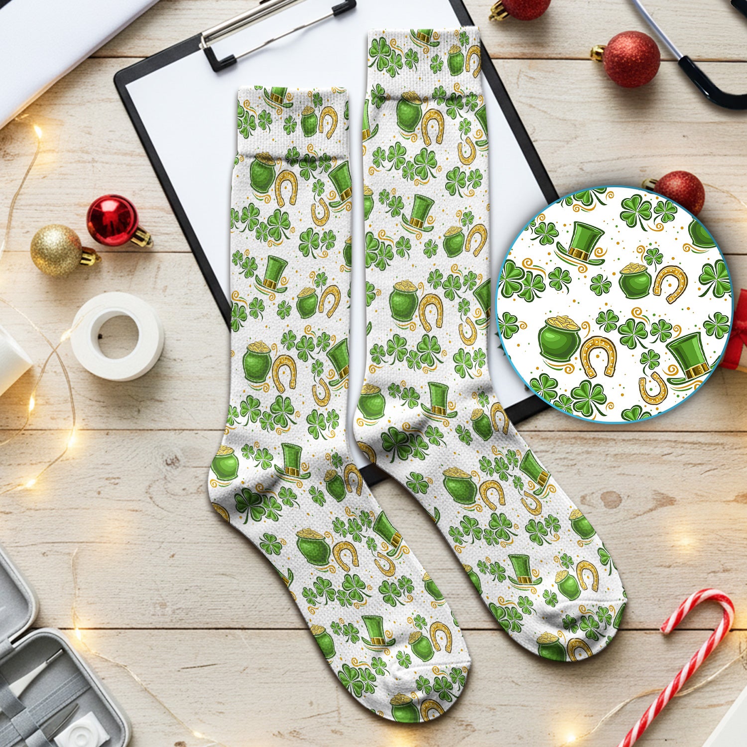 St. Patrick Shamrock Pattern Socks, Adult Socks for Men and Women