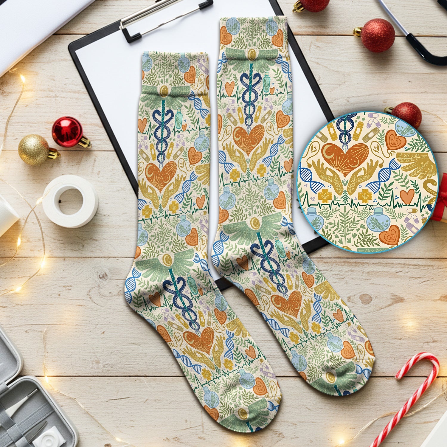 Inspirational Botanical Medical Caduceus Heart Nurse Pattern Socks, Breathable Fabrics Medical Uniform