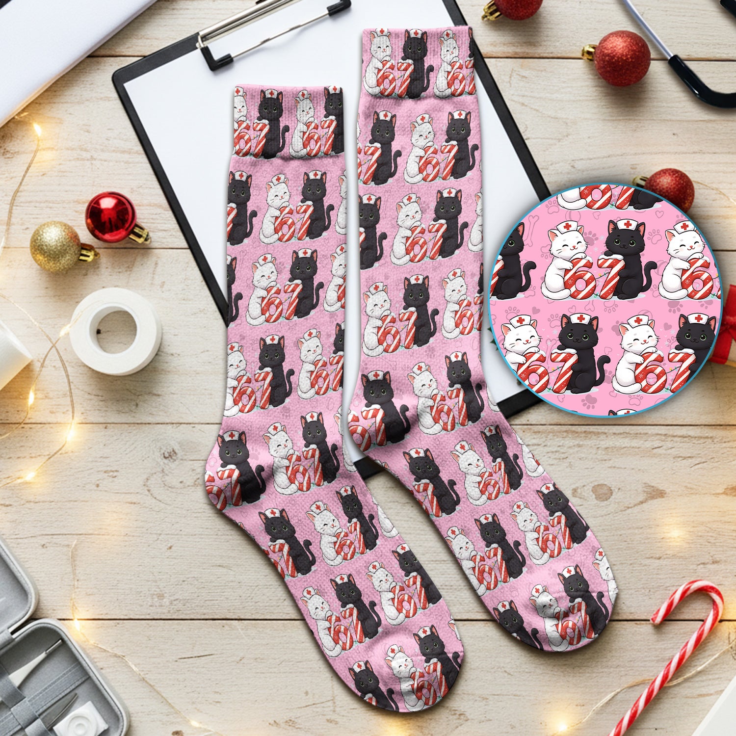 Xmas Cat Pattern Scrub Socks, Christmas Nurse Six Seven With Cat Scrub Sock, Breathable Fabrics Nursing Uniform