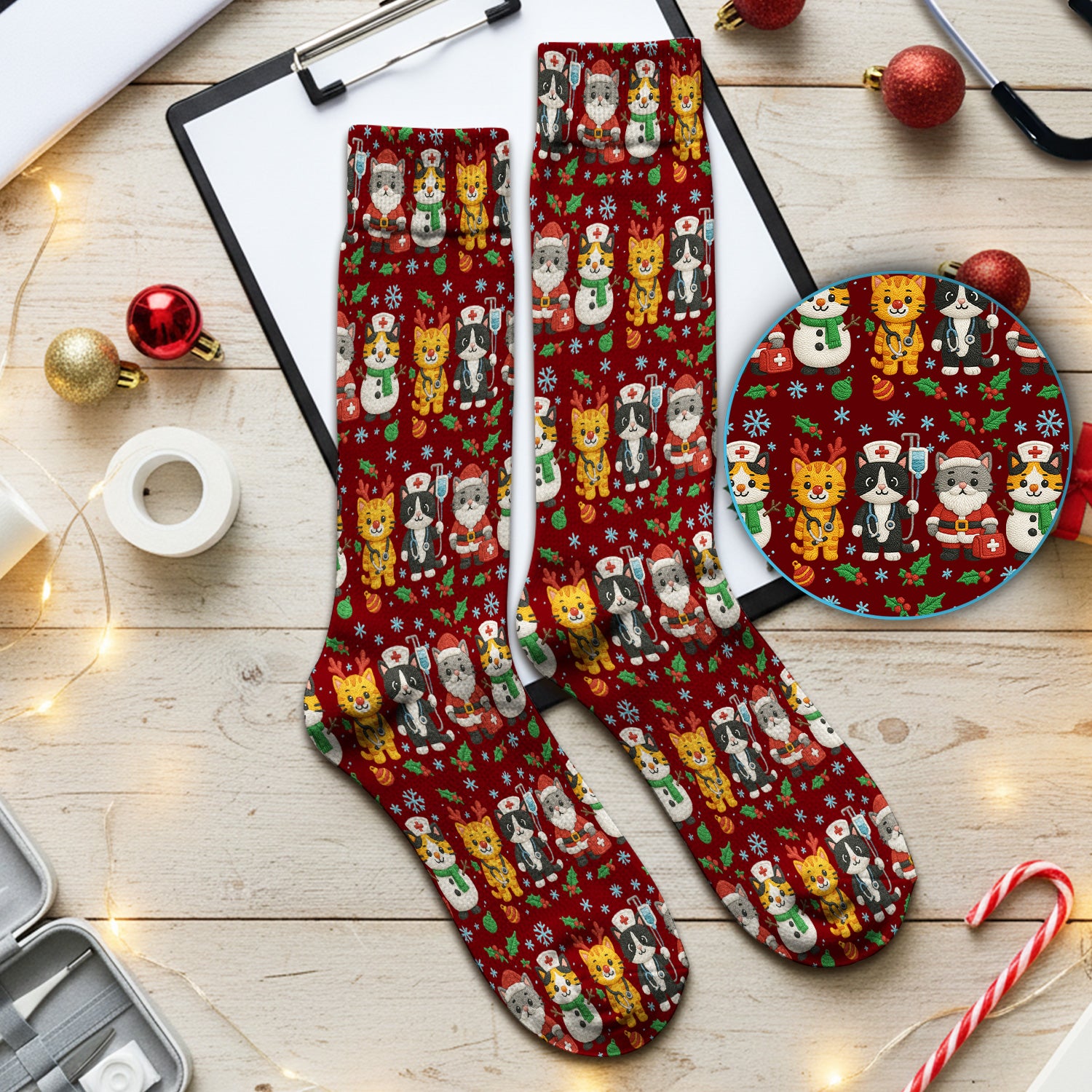 Christmas Cat Nurse Pattern Scrub Socks, Cute Holiday Kitty Medical Uniform Sock For Nursing