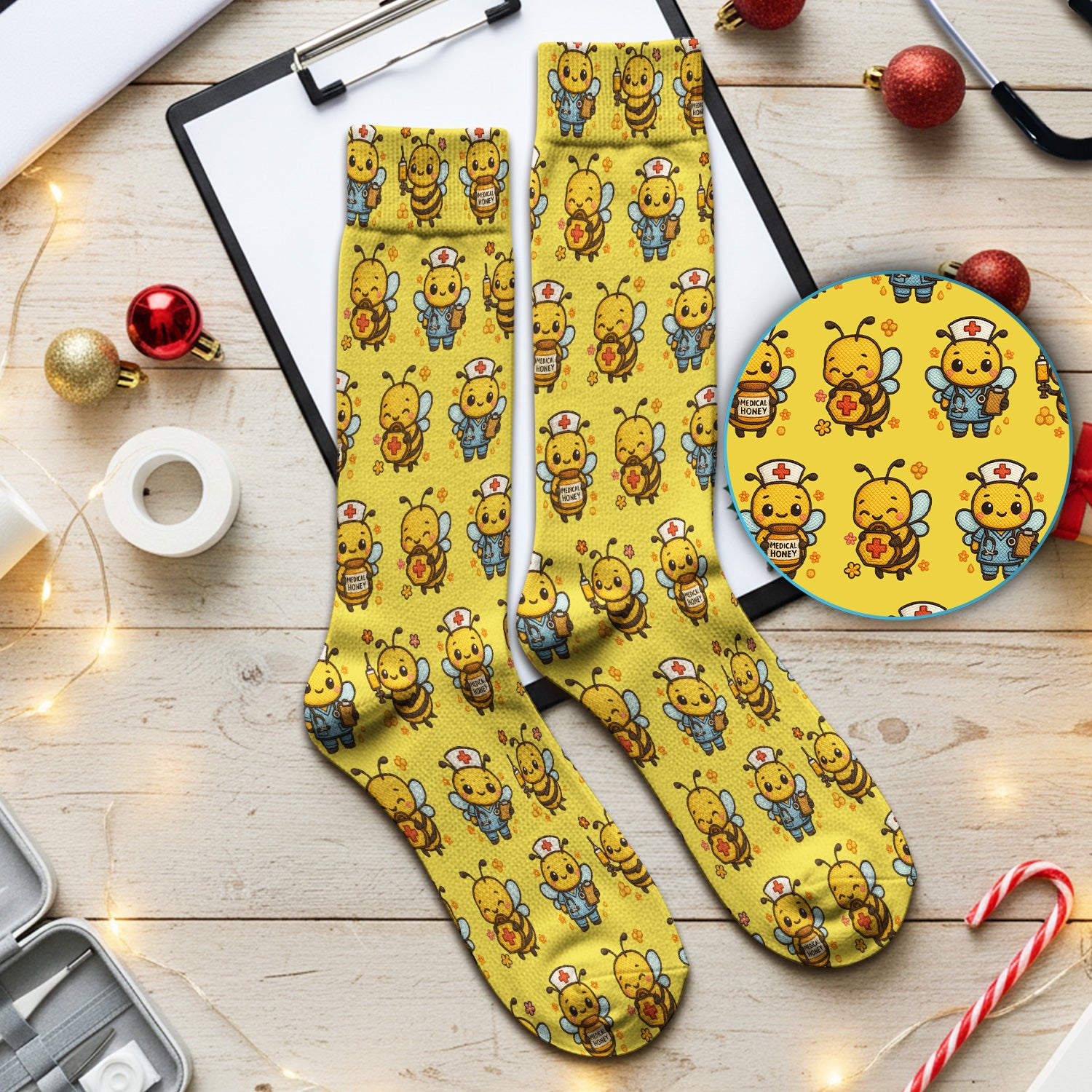 Cute Nurse Bee Scrub Socks, Kawaii Medical Honey Bee Pattern Sock for Nursing Professionals